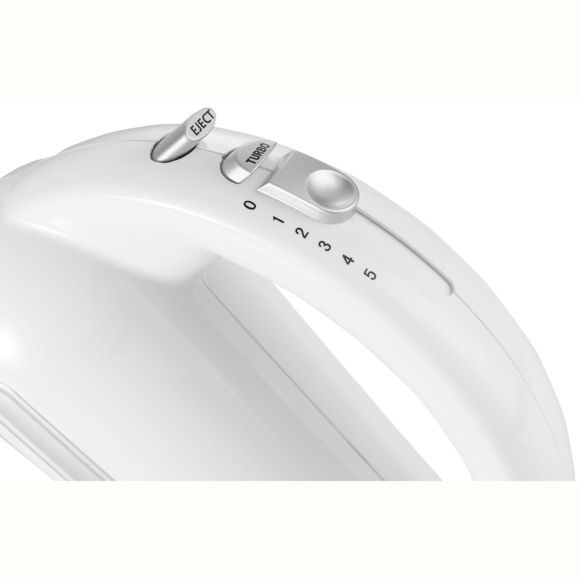 Biały mikser ręczny z ustawieniami prędkości i przyciskiem wyrzutu. Białe tło.