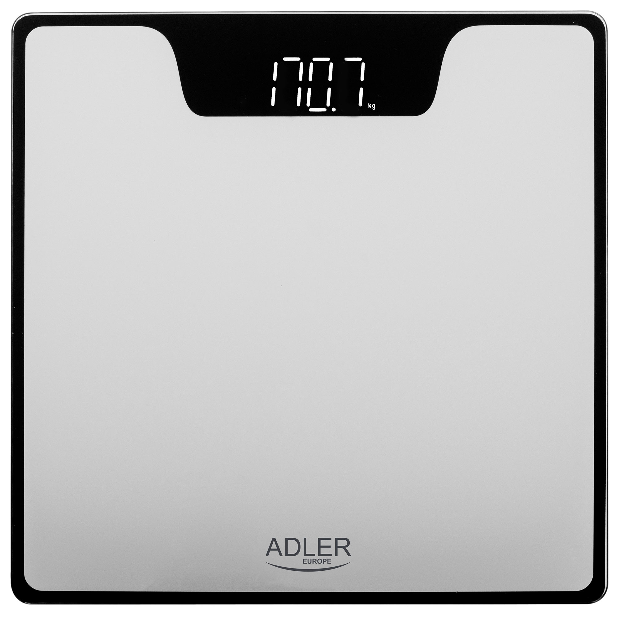 Cyfrowa waga łazienkowa pokazująca 170,7 kg. Czarno-biała. Białe tło.