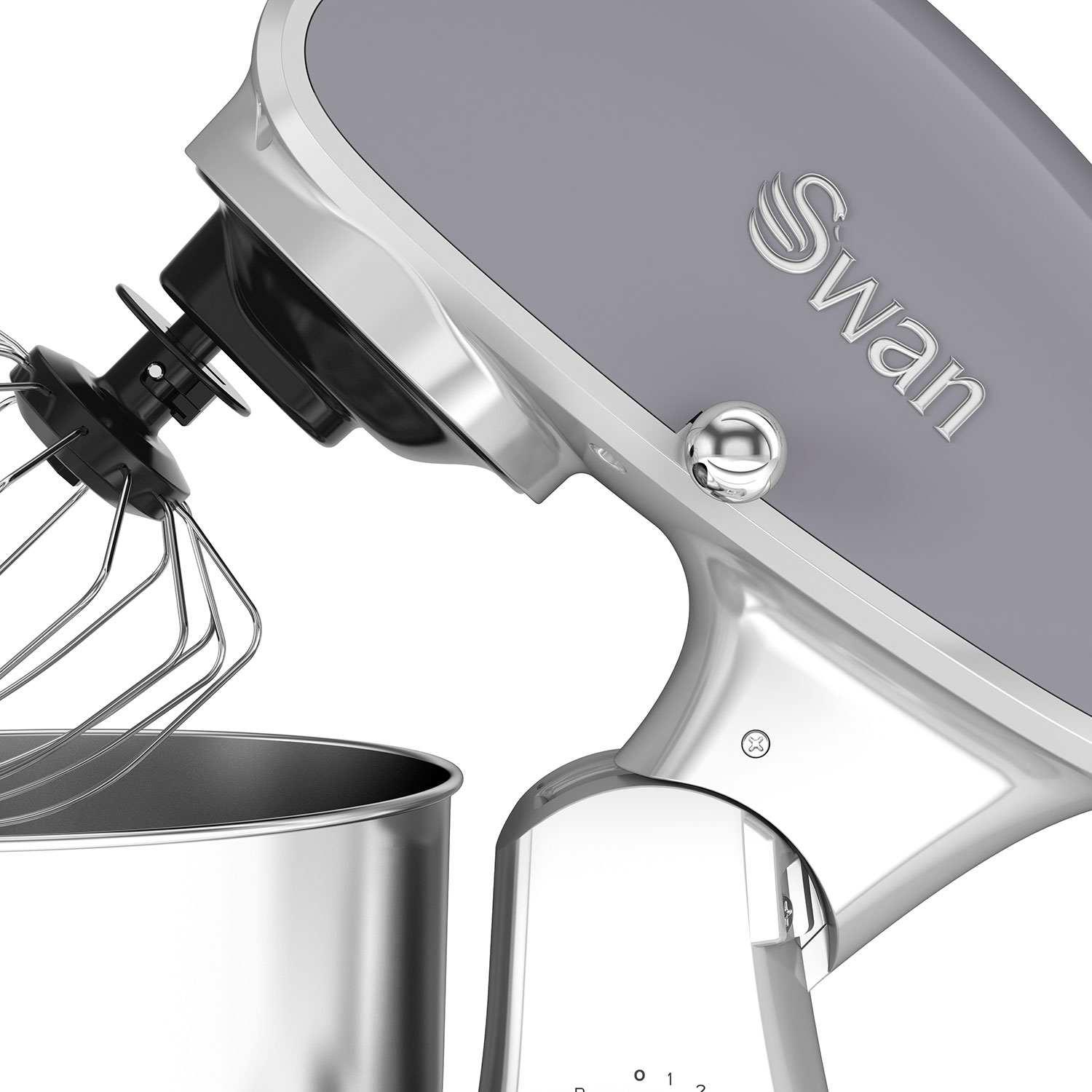 Primer plano de una batidora de pie gris Swan. El logotipo de Swan es visible y el cuenco está adjunto.