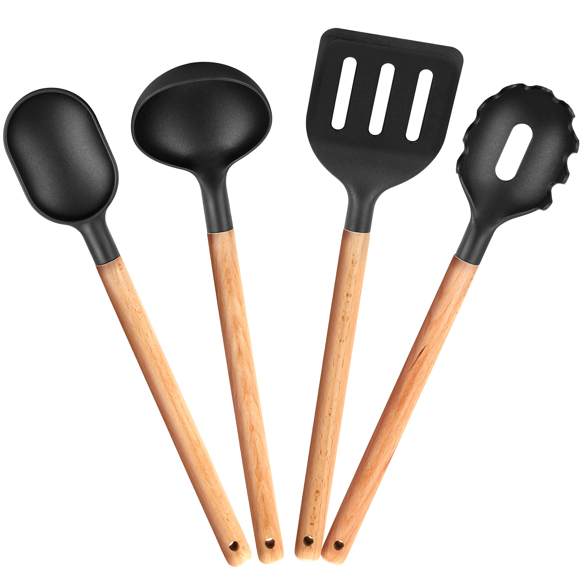 Juego de cuatro utensilios de cocina negros con mangos de madera: cuchara, cucharón, espátula ranurada y cuchara ranurada.
