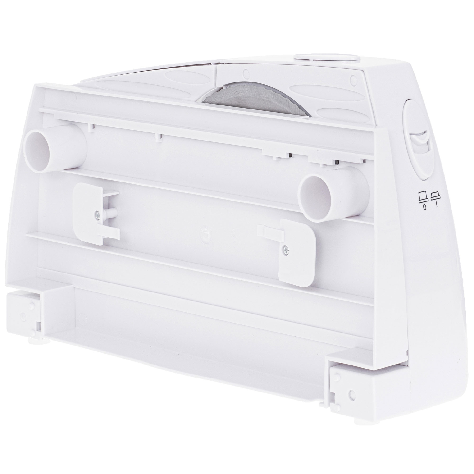 Biały dozownik folii spożywczej, otwarty, pokazujący rolki wewnętrzne.