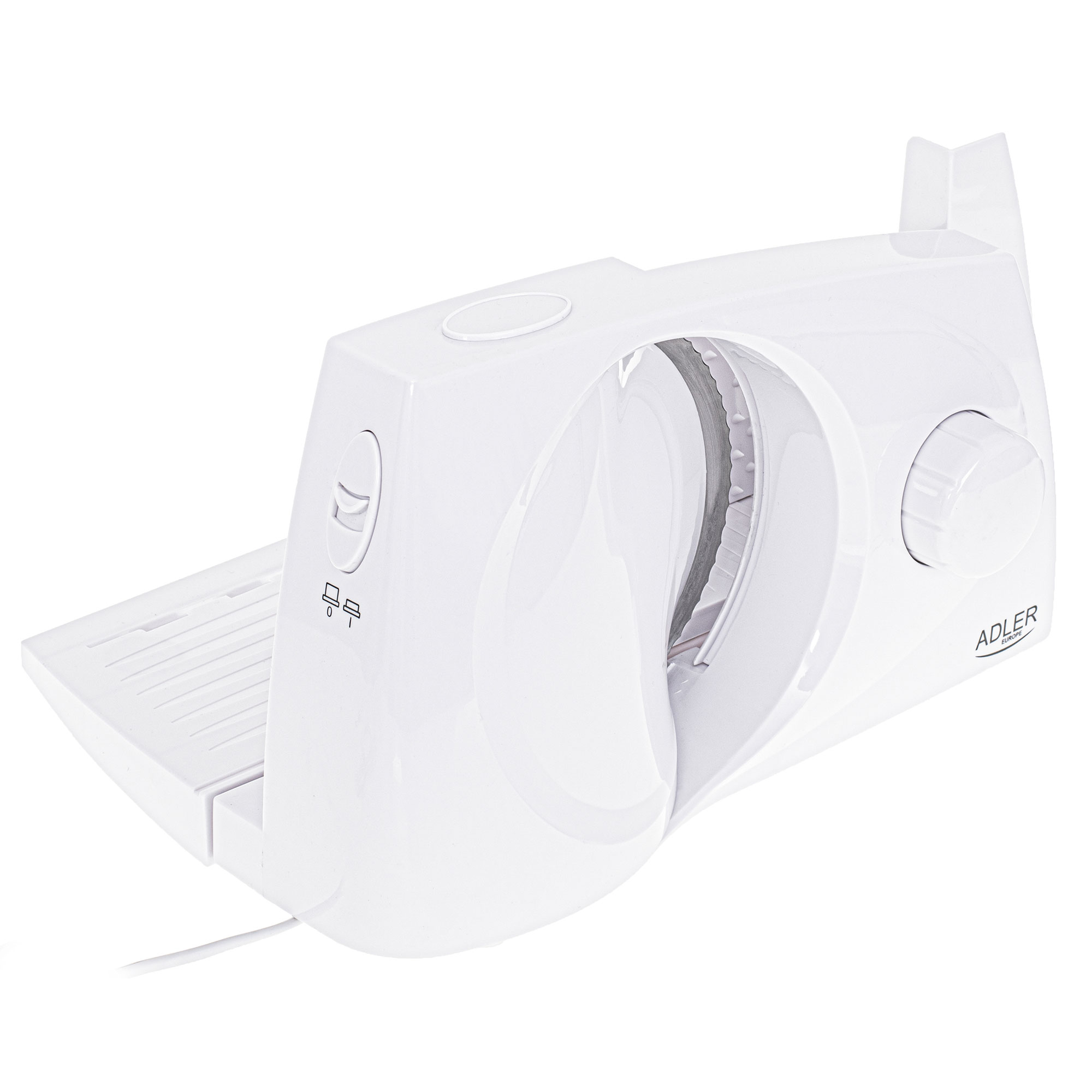 Biała krajalnica do żywności z regulowanymi ustawieniami. Ma ostrze, deskę do krojenia i pokrętło do regulacji grubości.