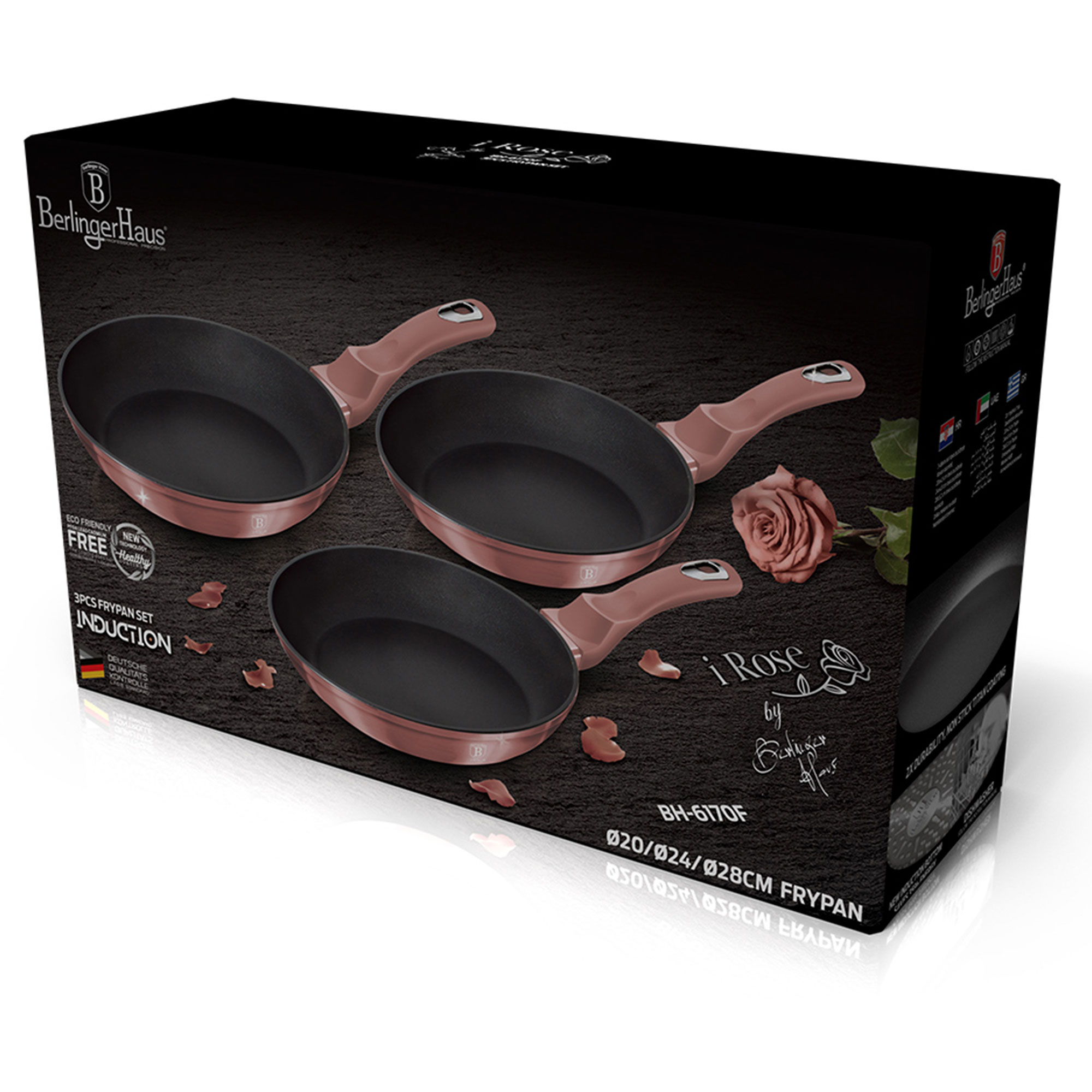 Caja de sartenes con acabado oro rosa, con la marca e información del producto.