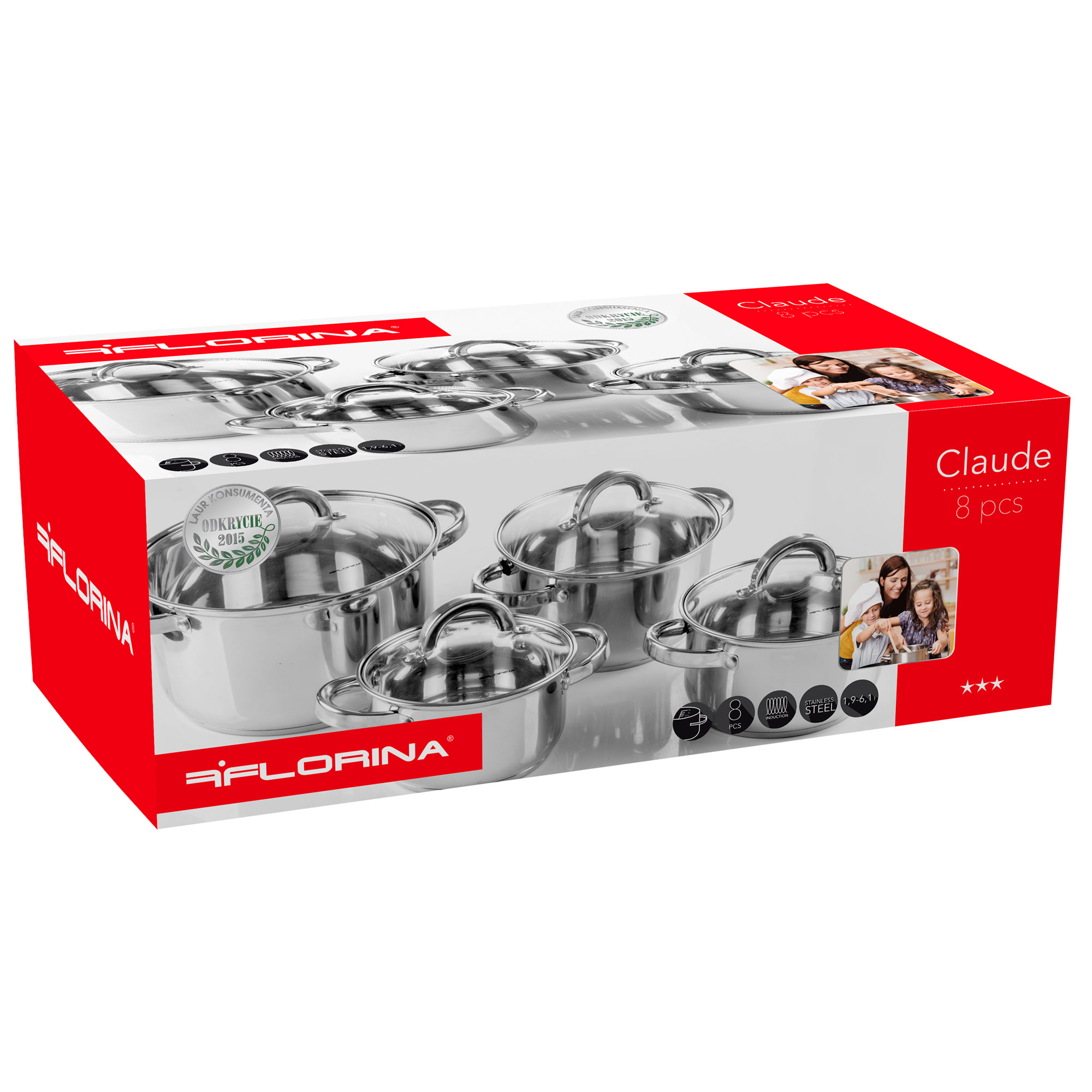 Un juego de ollas de acero inoxidable en una caja.
