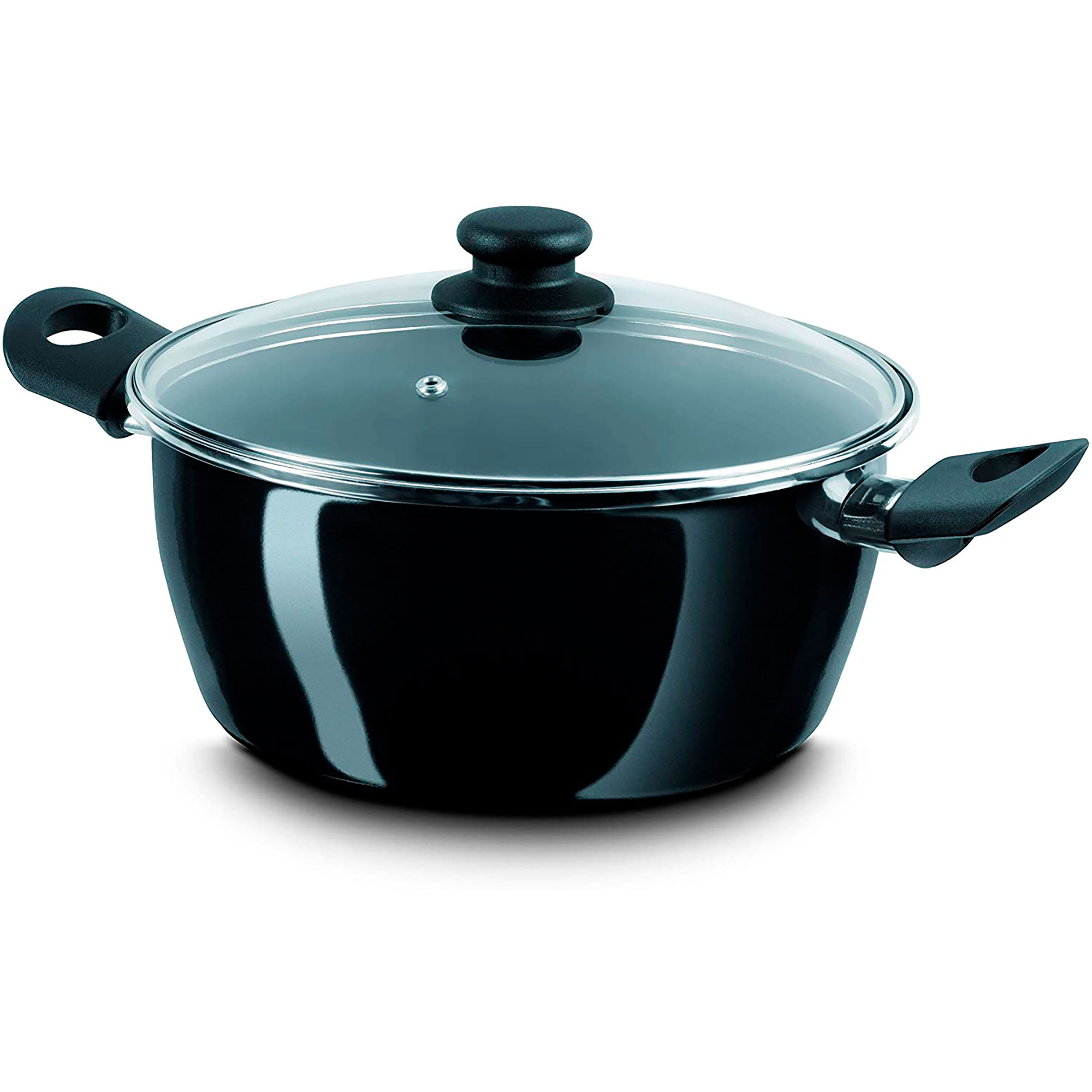 Olla de cocina negra con tapa de cristal. Tiene asas y está sobre una superficie blanca.