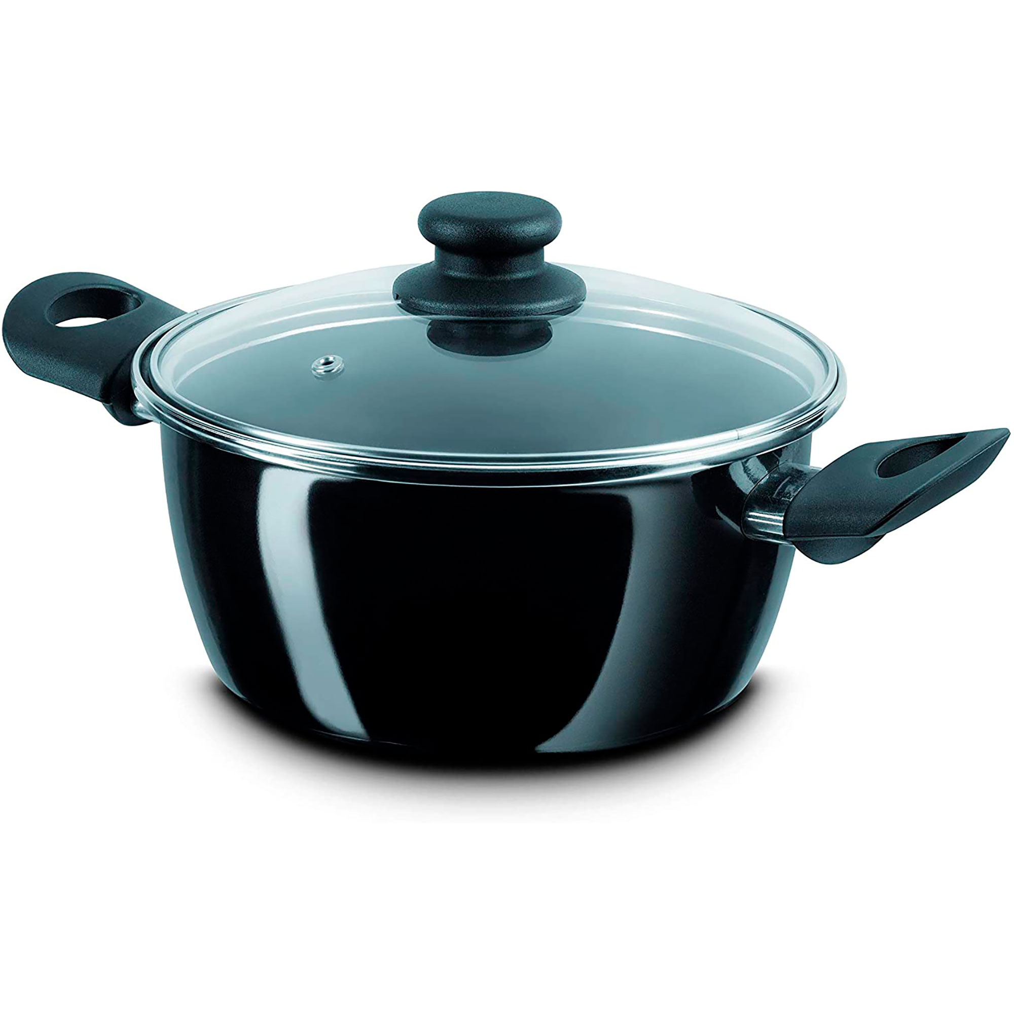 Olla negra con tapa de cristal y asas negras.