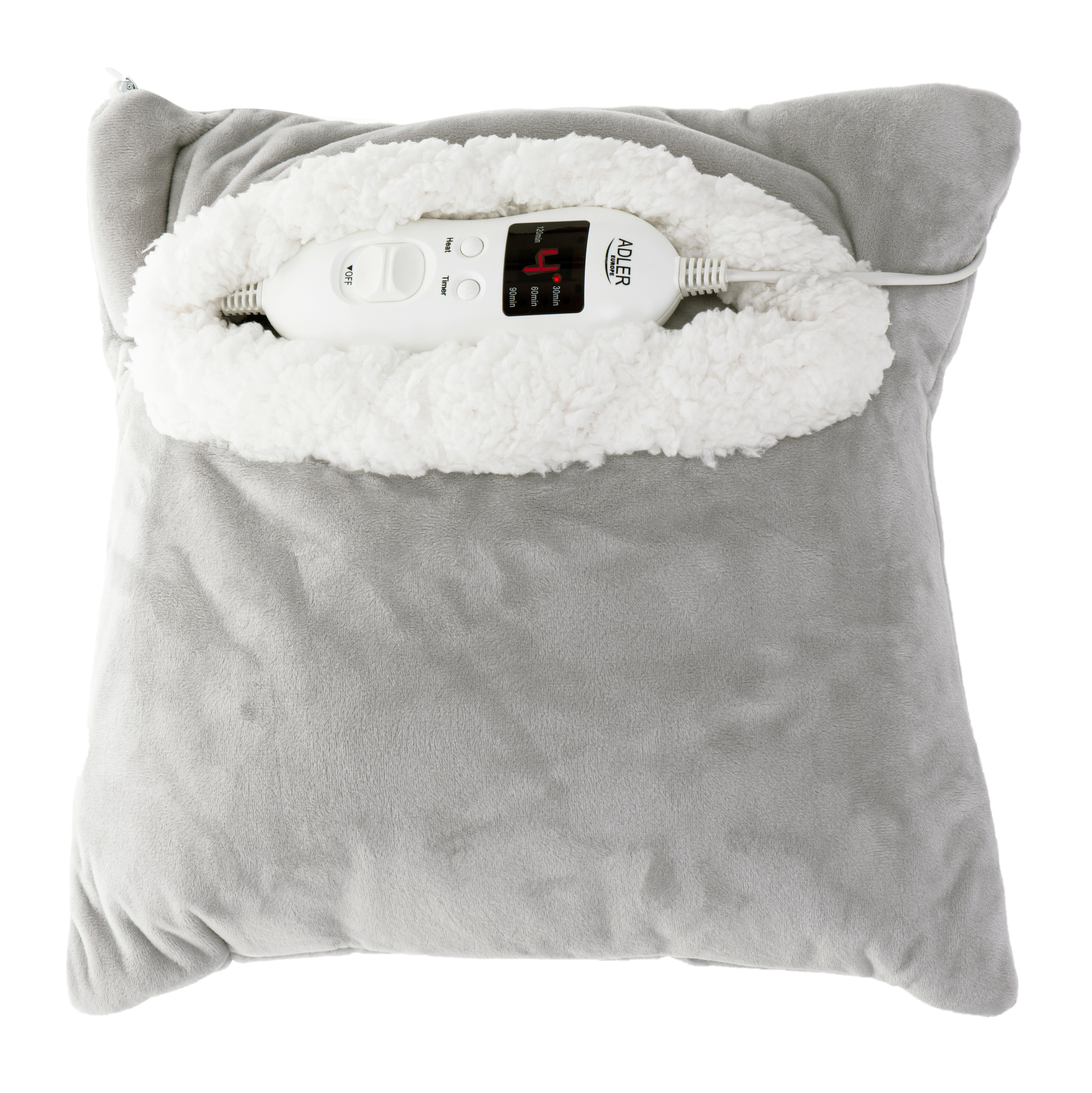 Szara elektryczna poduszka grzewcza z białym, puszystym obramowaniem i panelem sterowania.