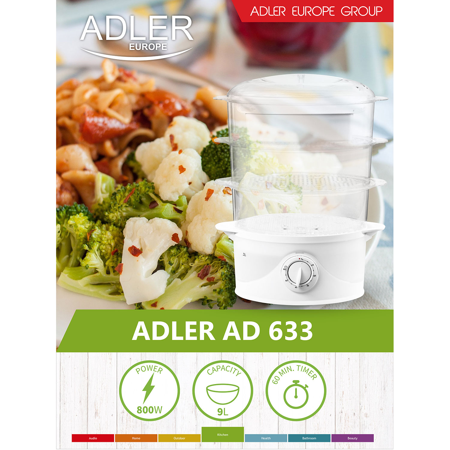 Vaporera blanca con verduras y texto. Potencia 800W, capacidad 9L y temporizador de 60 min.