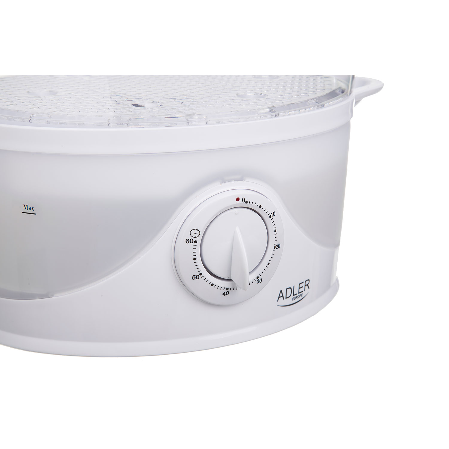 Vaporera blanca con dial de temporizador. Contenedor y tapa transparentes. Marca 'Adler' en el frente.