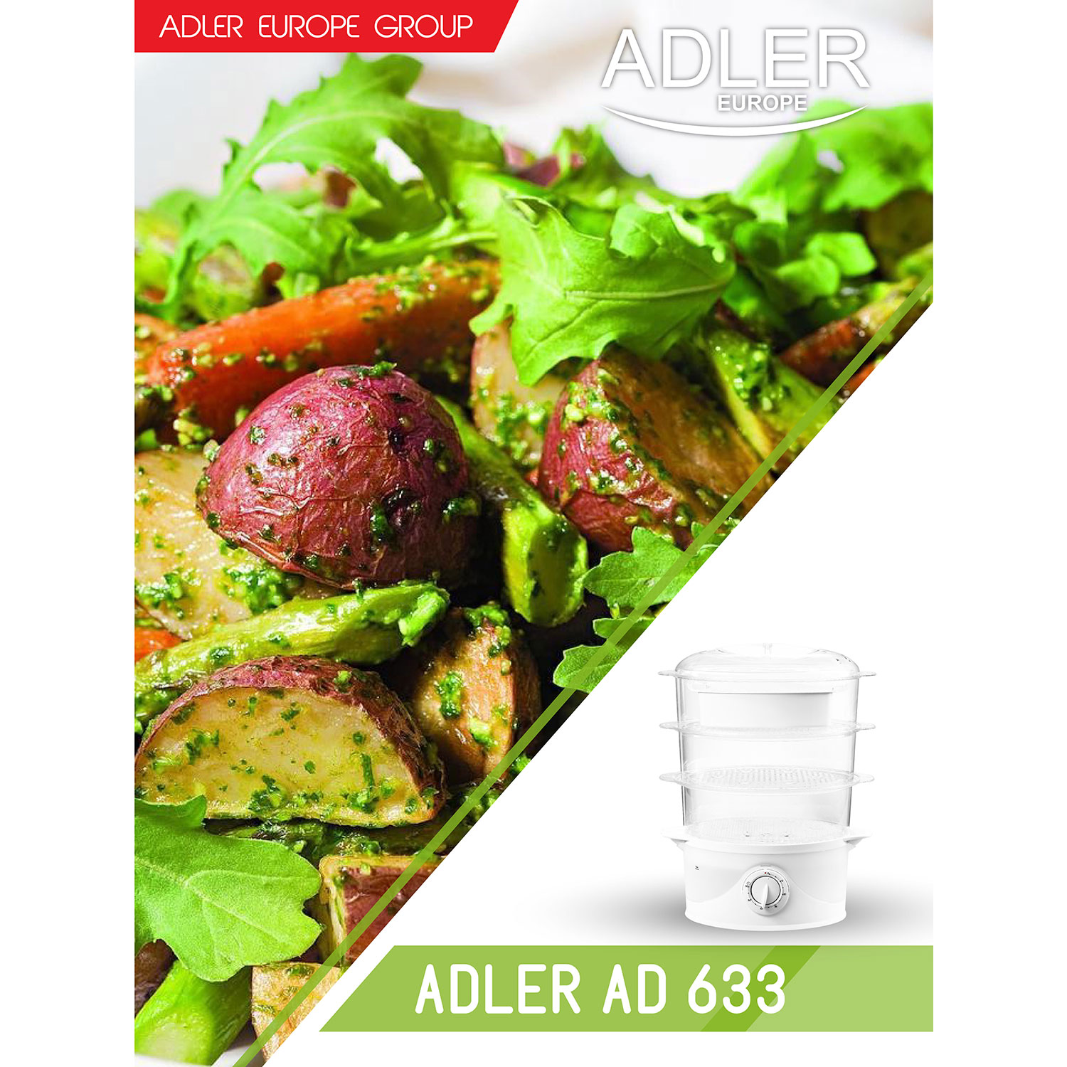 Vaporera con ensalada y texto: ADLER AD 633. El texto está en la parte inferior de la imagen.