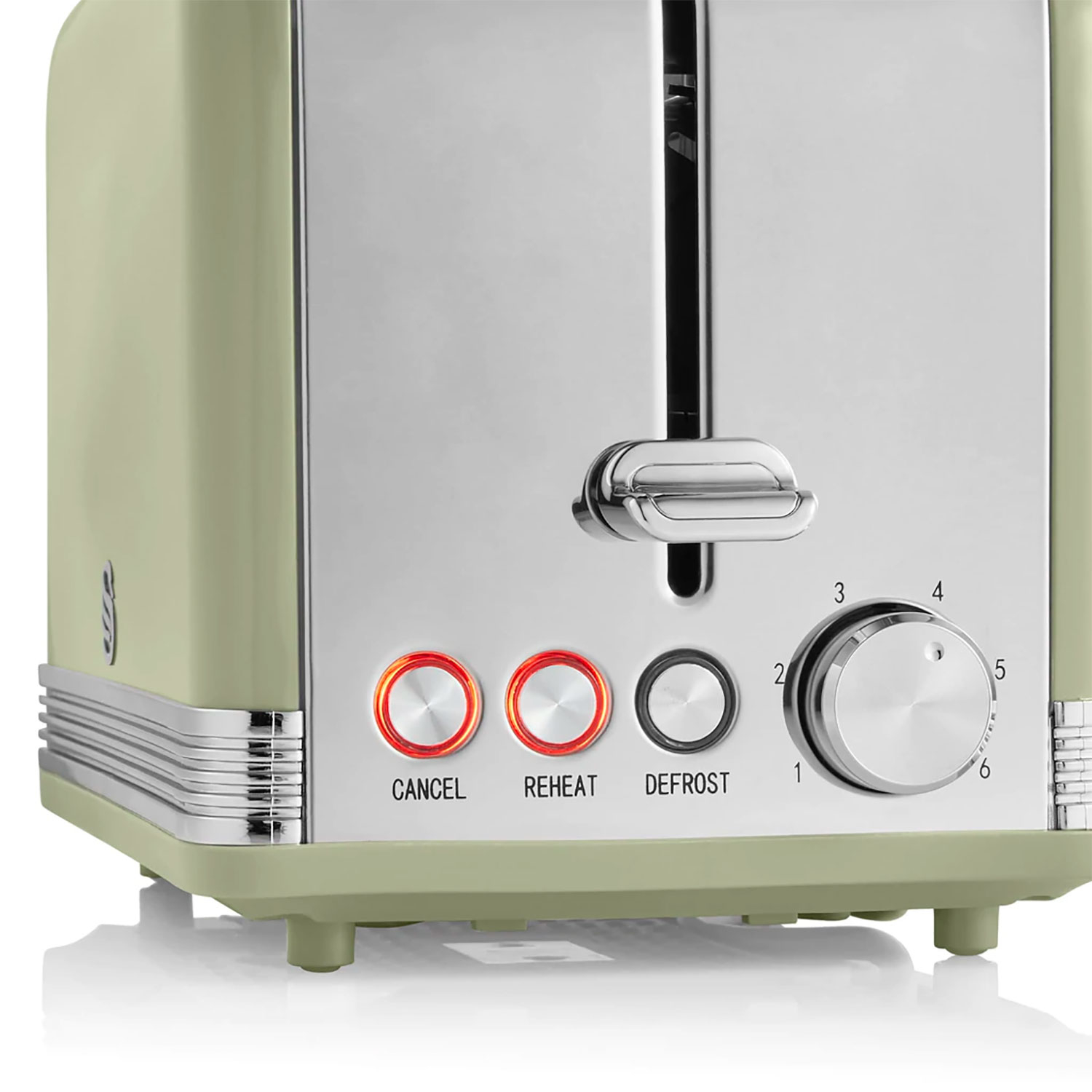 Grüner und silberner Toaster mit Abbruch-, Aufwärm- und Auftautasten. Ein Drehregler für Toasteinstellungen ebenfalls sichtbar.