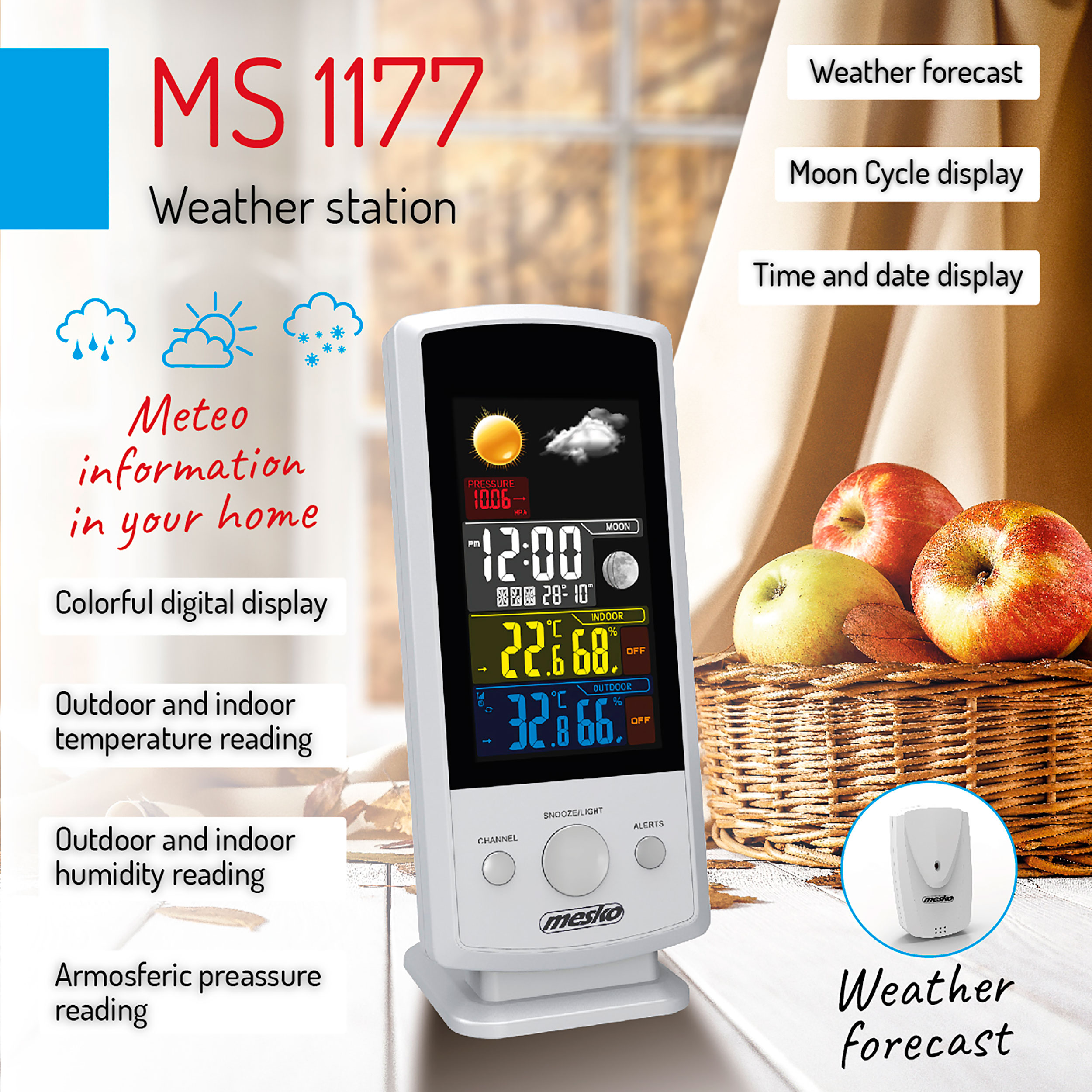 Weiße Wetterstation mit Digitalanzeige für Zeit, Temperatur und Wettervorhersage, plus Äpfel.