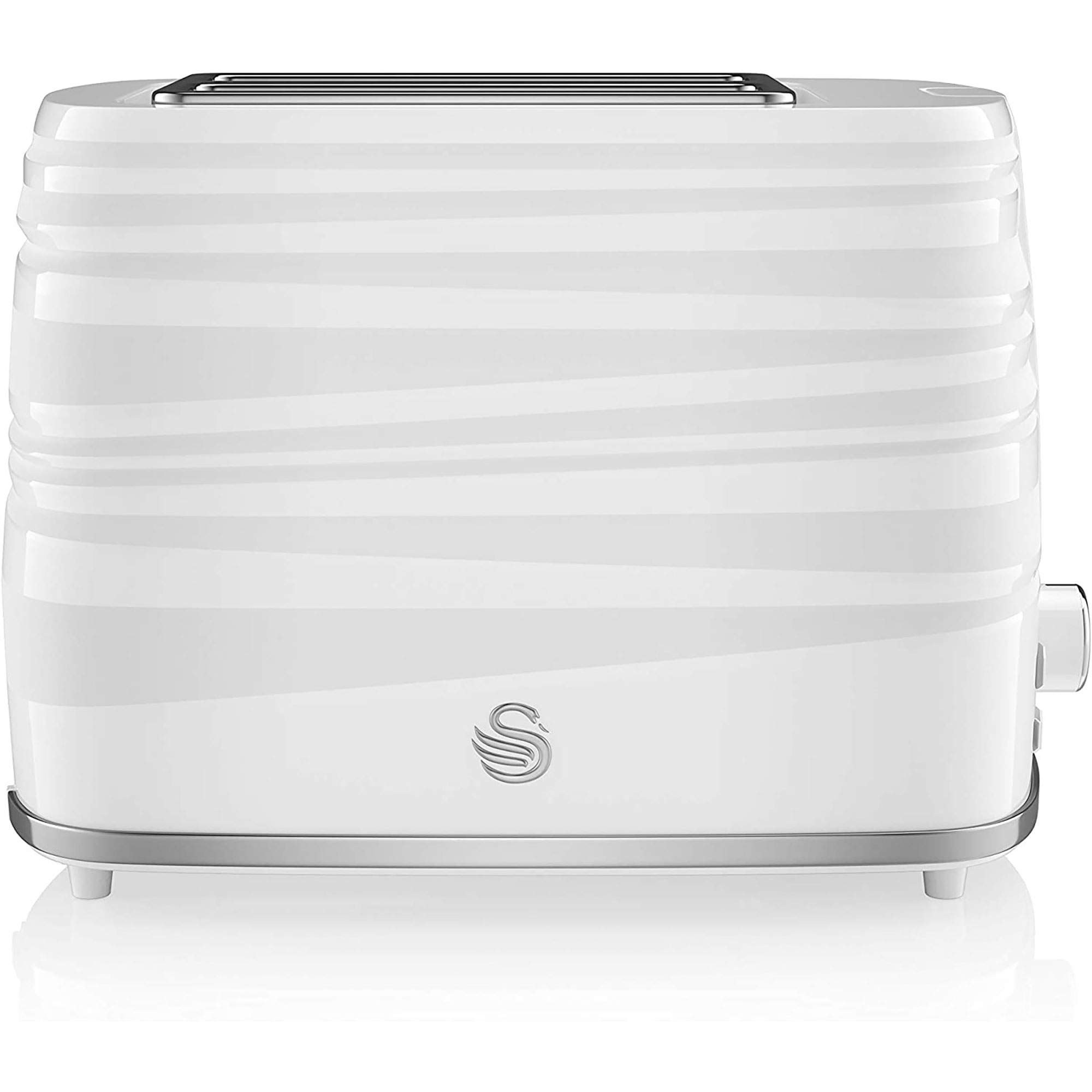 White toaster with silver accents. White background.
