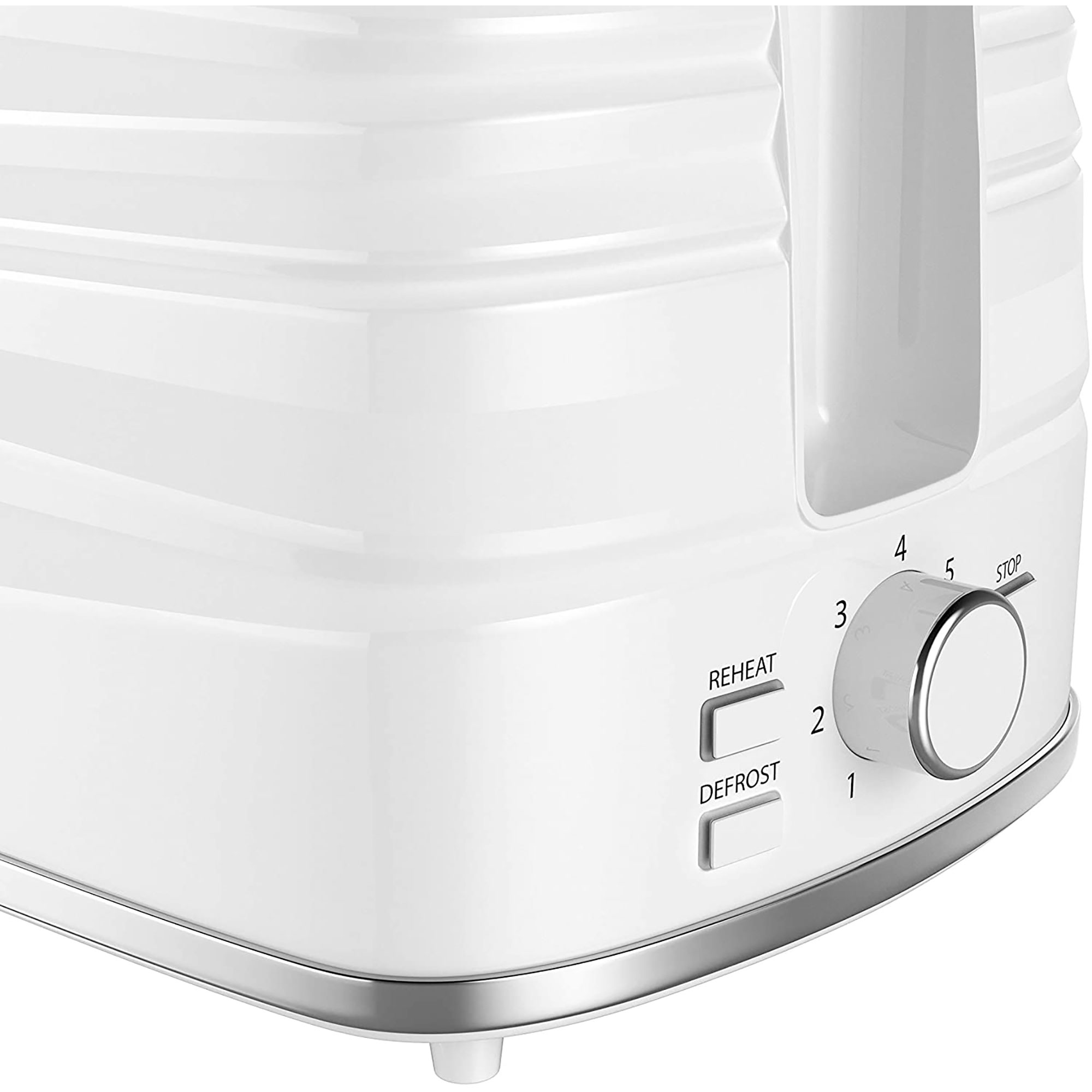 White toaster with a dial and buttons for reheat and defrost.