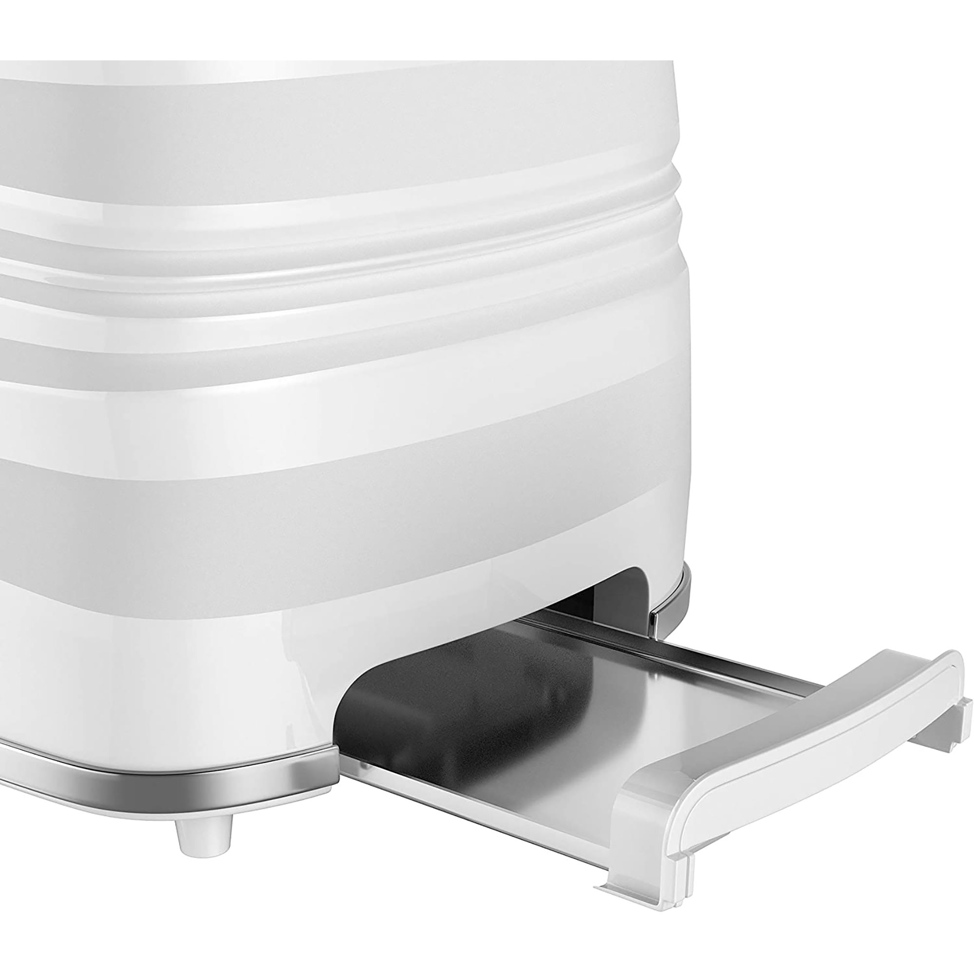 White toaster with a pull-out tray. Silver accents and a white background. Partially visible.