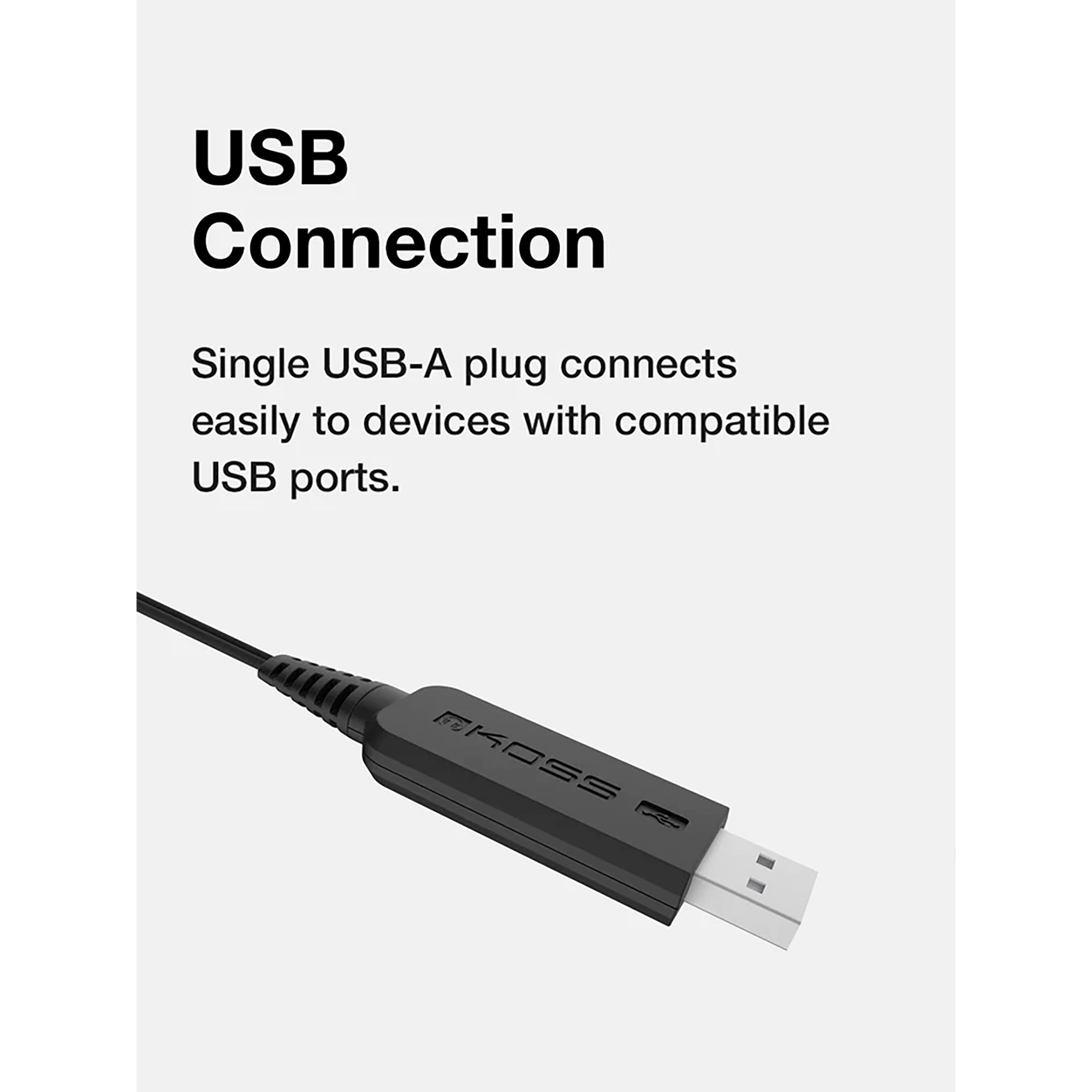 Un cable USB con un conector negro con la etiqueta KROSS. El enchufe es blanco.