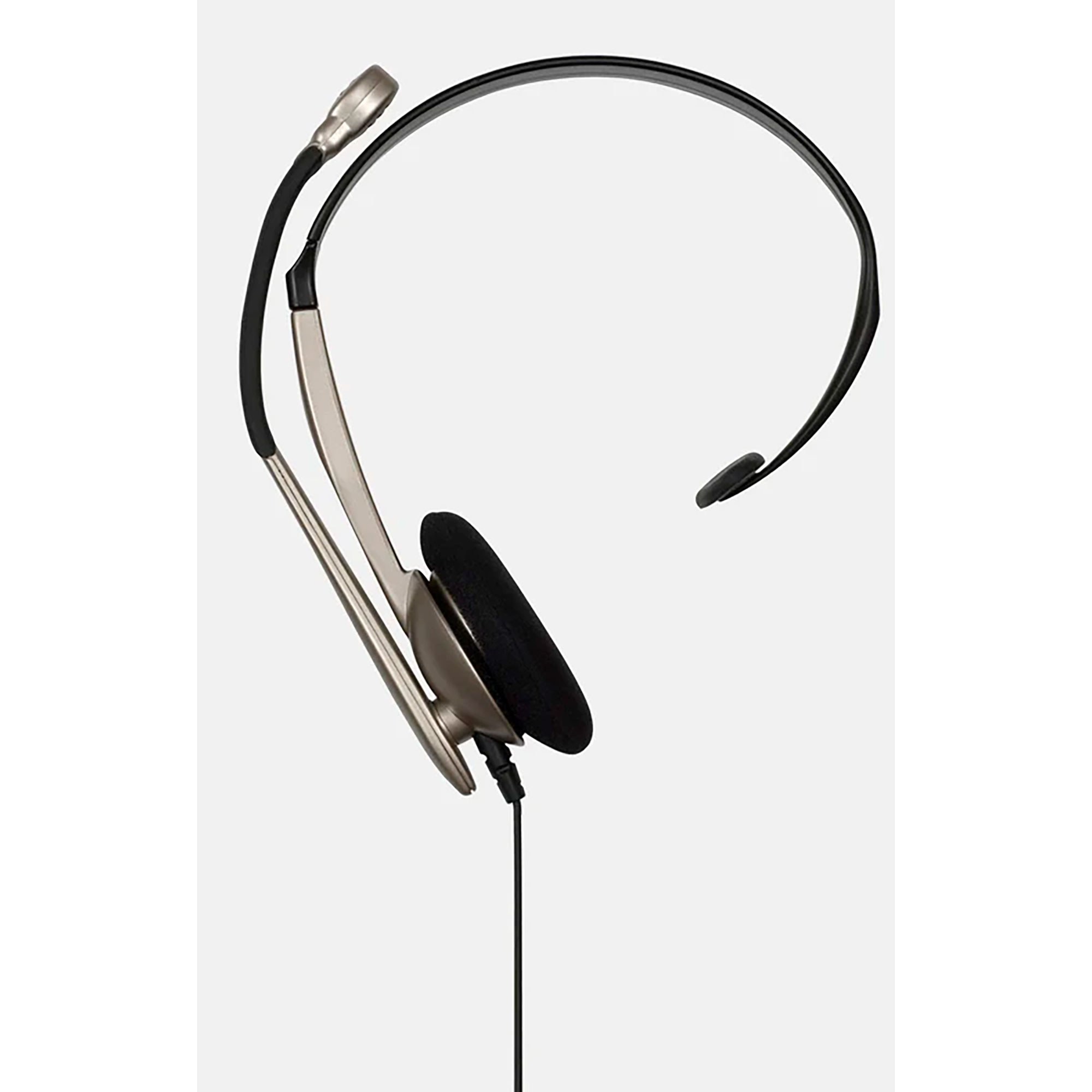 Auriculares con micrófono y un auricular. Tiene una combinación de colores plateado y negro.