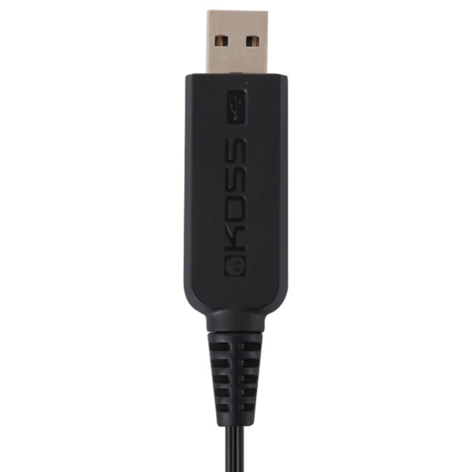 Cable USB negro con logotipo KOSS y conector USB.