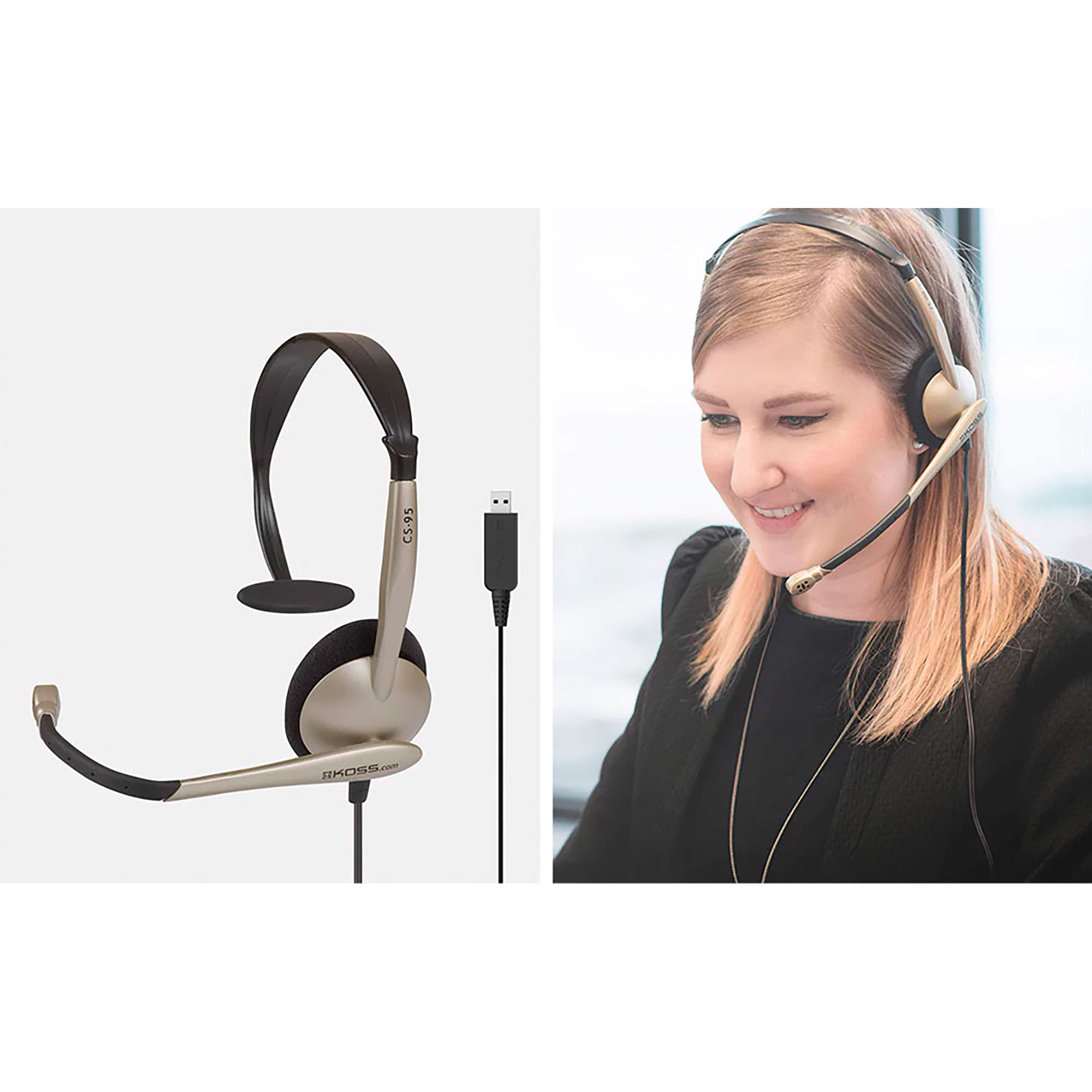 Auriculares y una mujer que los usa. Los auriculares son plateados y negros. La mujer sonríe.