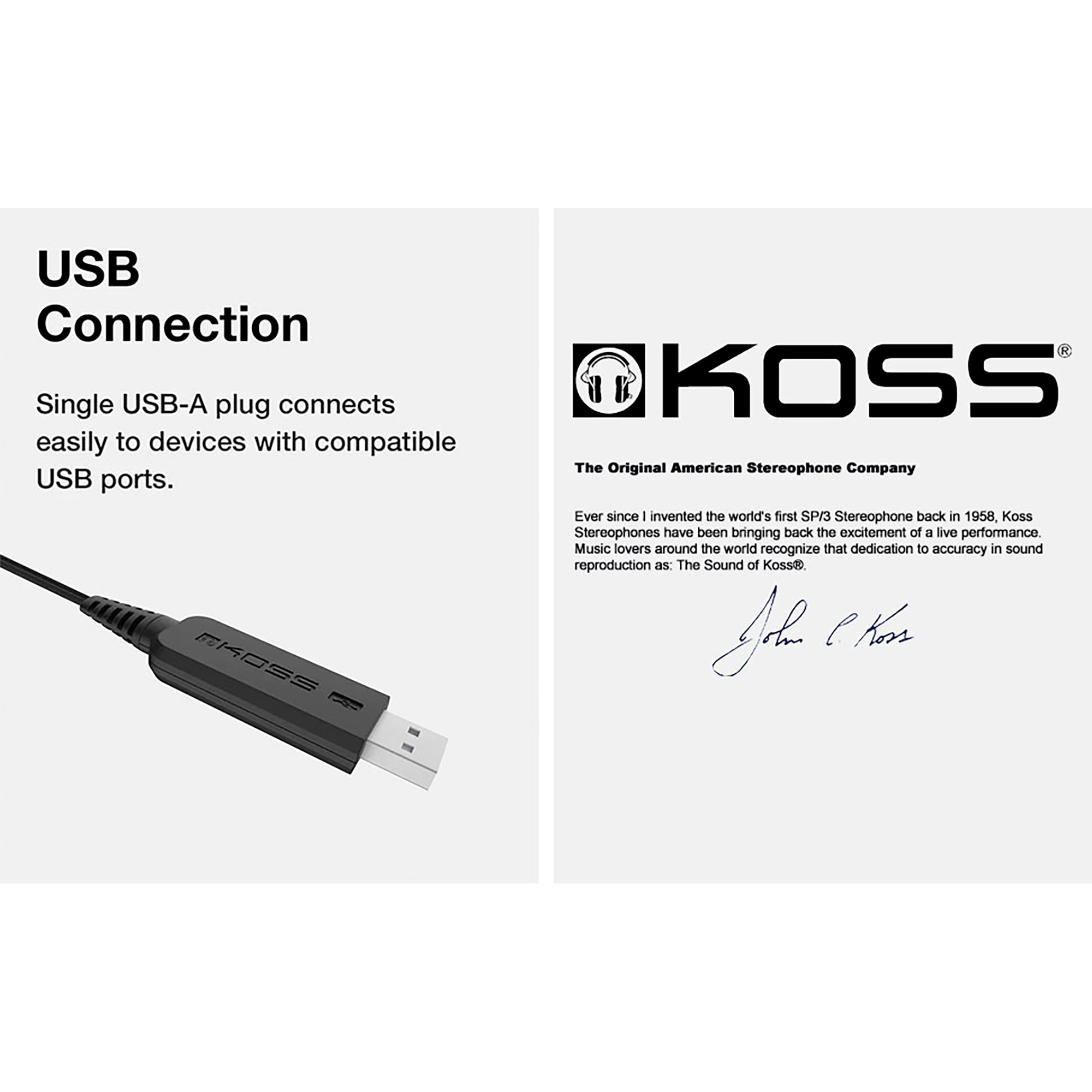 Cable USB y logotipo de Koss. Texto sobre la conexión USB y la empresa.