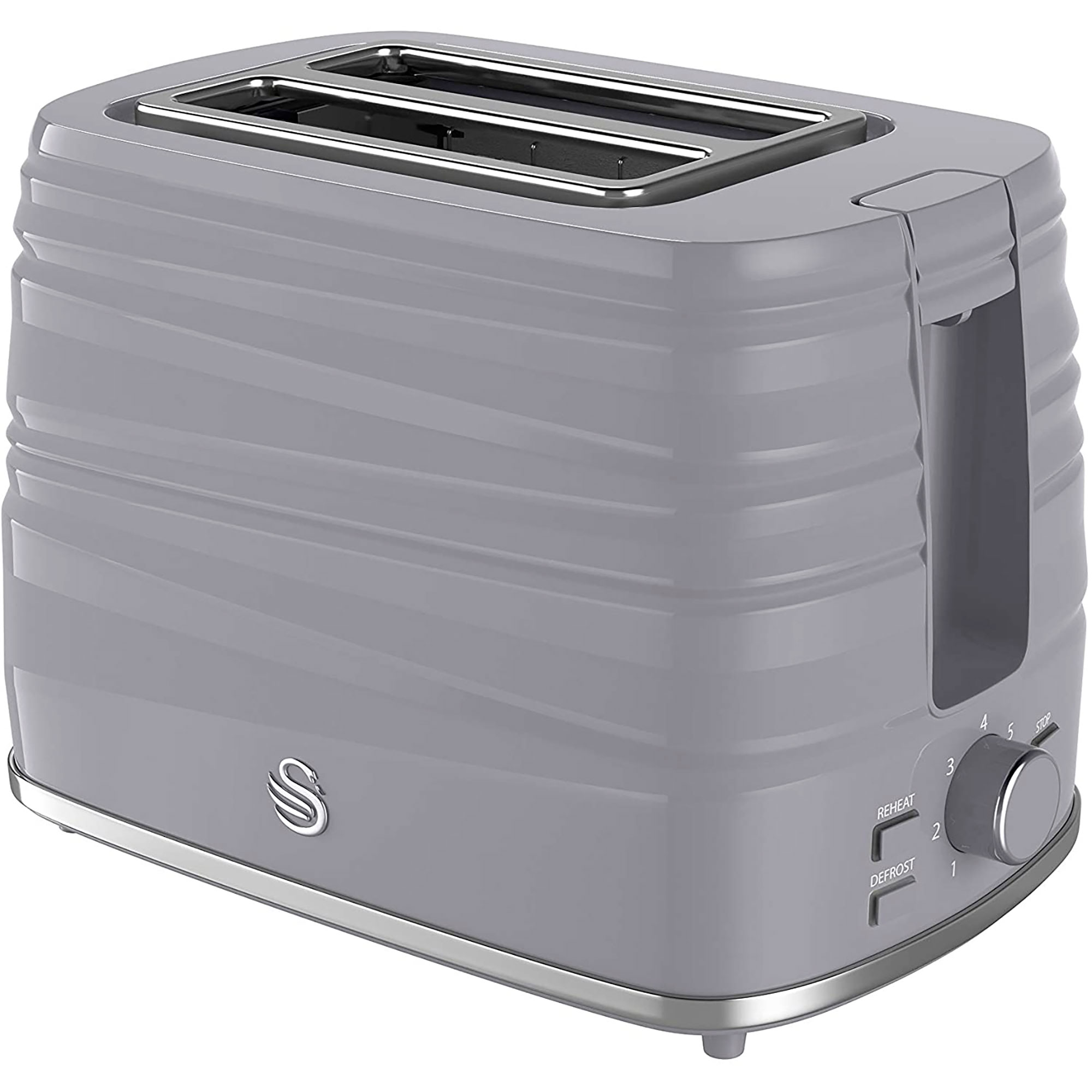 A grey retro-style toaster with a control dial and a chrome trim.