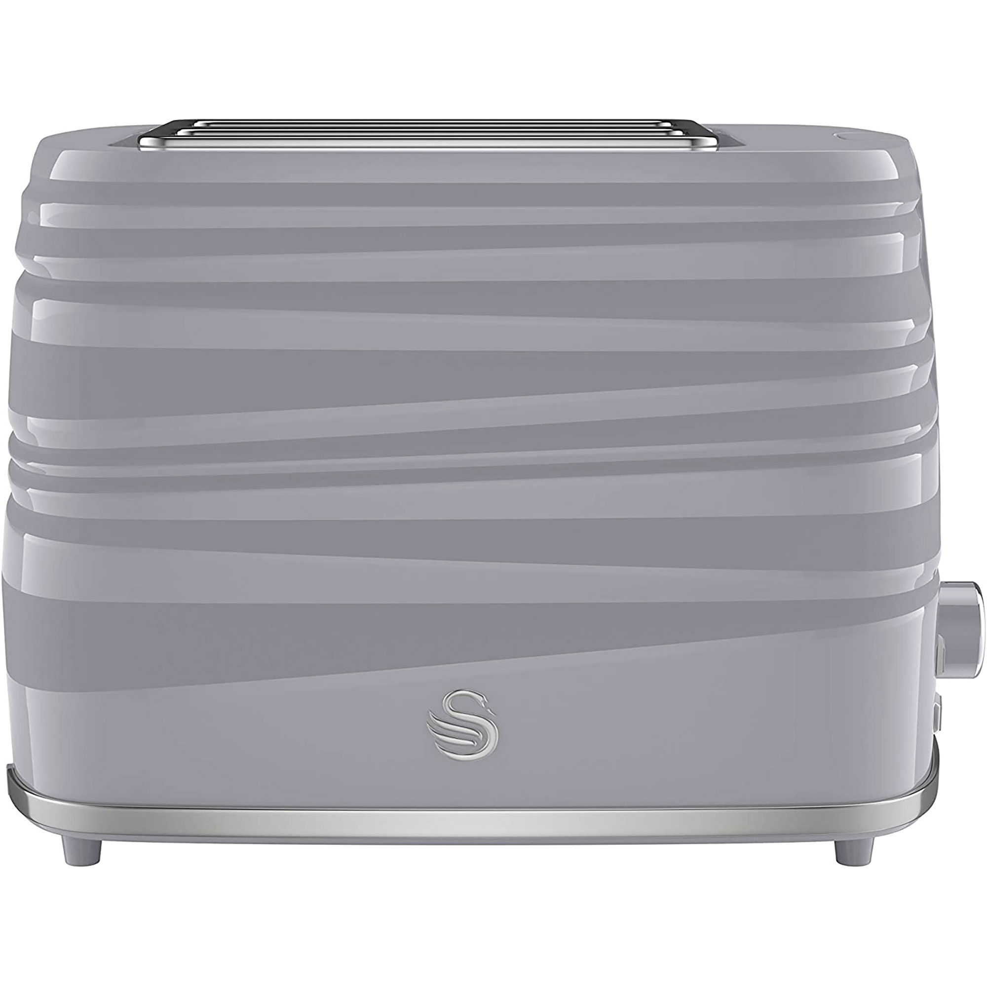 Grey toaster with a ribbed design and chrome accents, white background. The brand logo is visible.