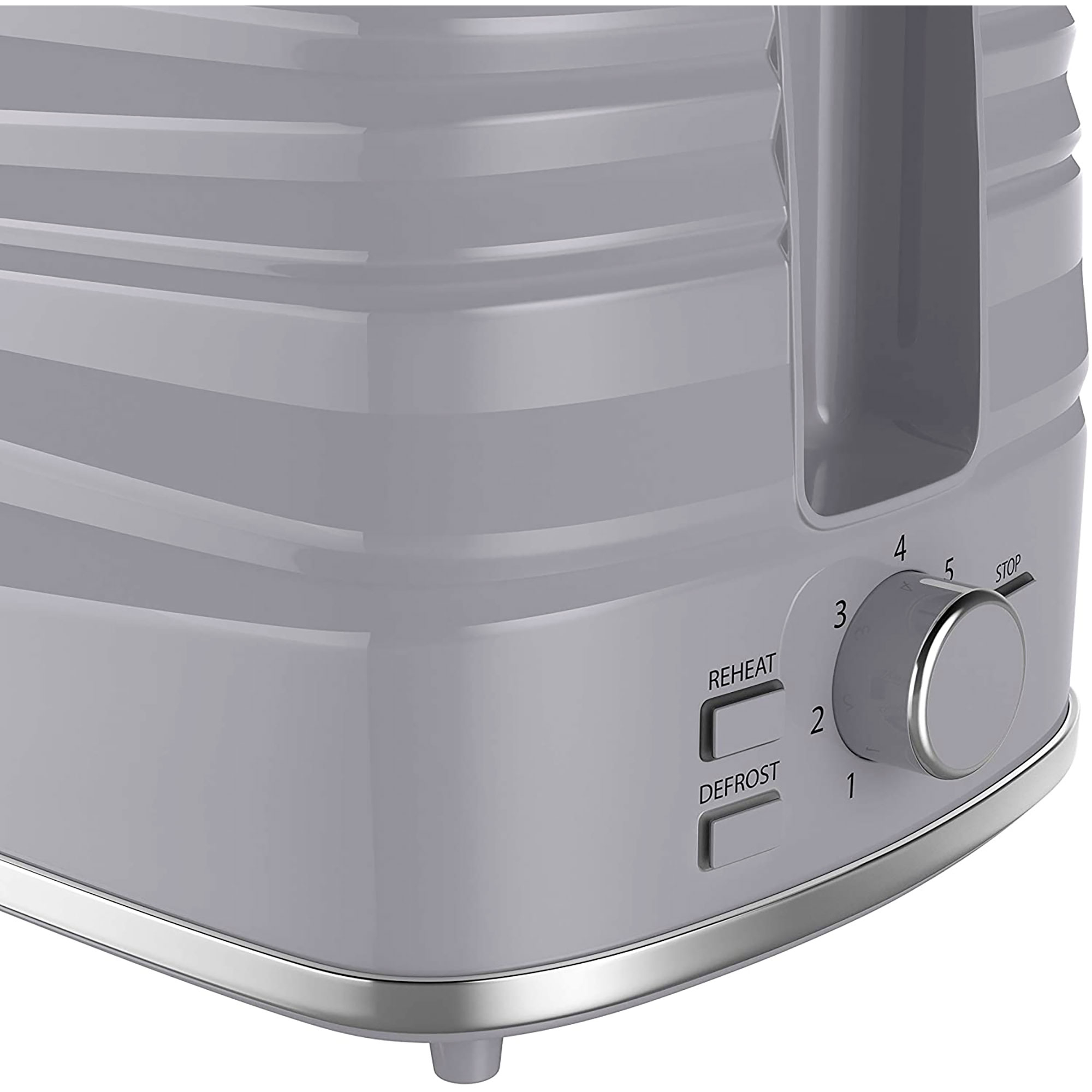 Grey toaster, with reheat and defrost buttons. A dial is set to level 3.