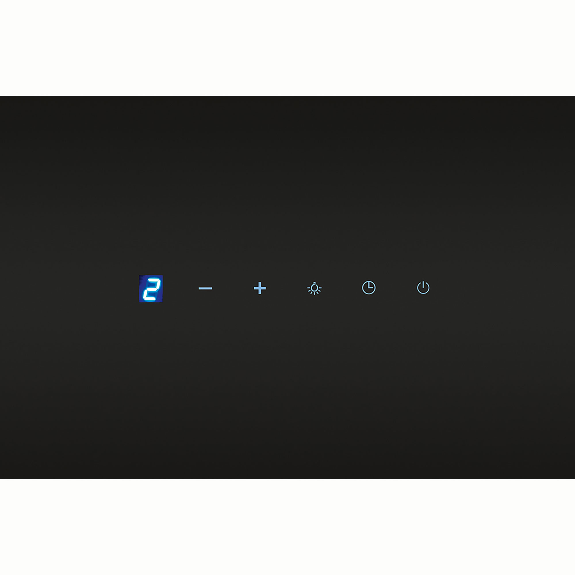 Panel negro con pantalla digital azul y botones de control para brillo, temporizador y encendido.