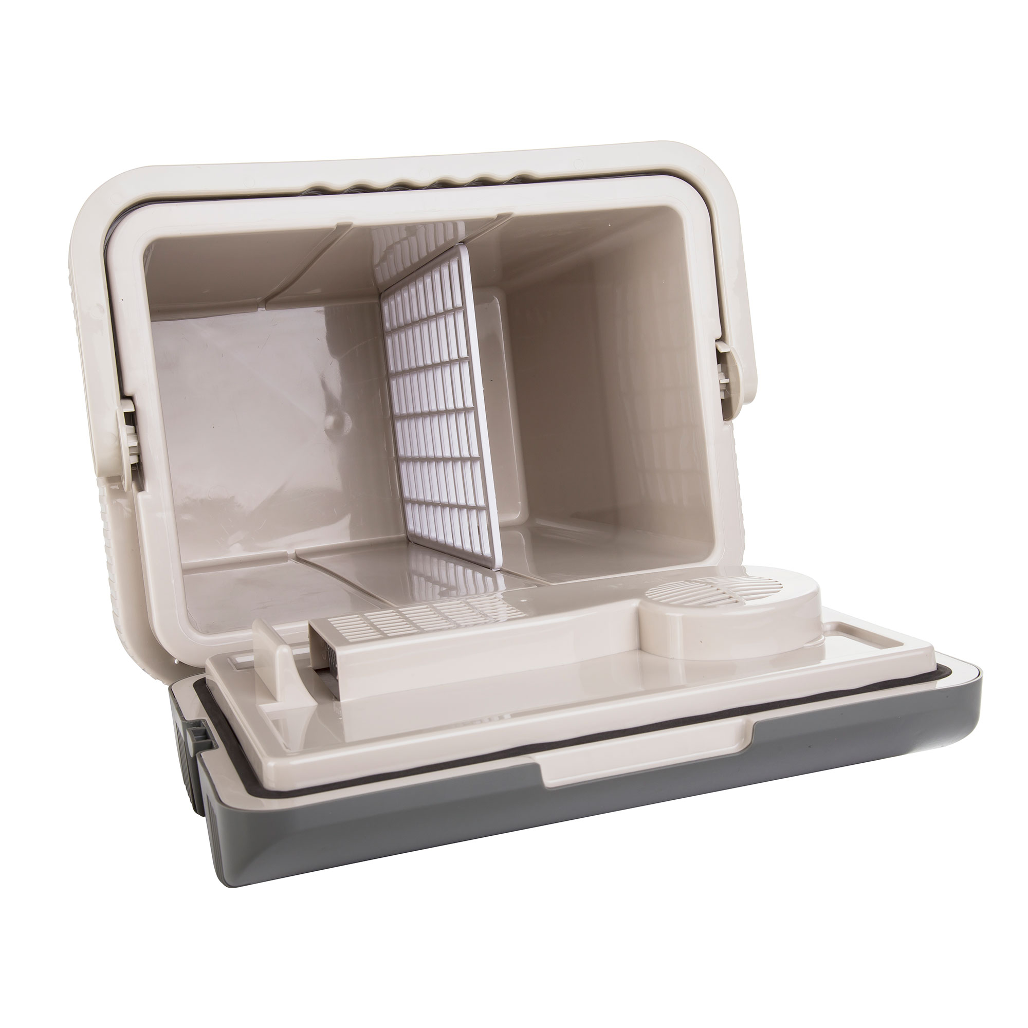 Otwarta chłodziarka z białym wnętrzem, szarym zewnętrzem i białą przegrodą.