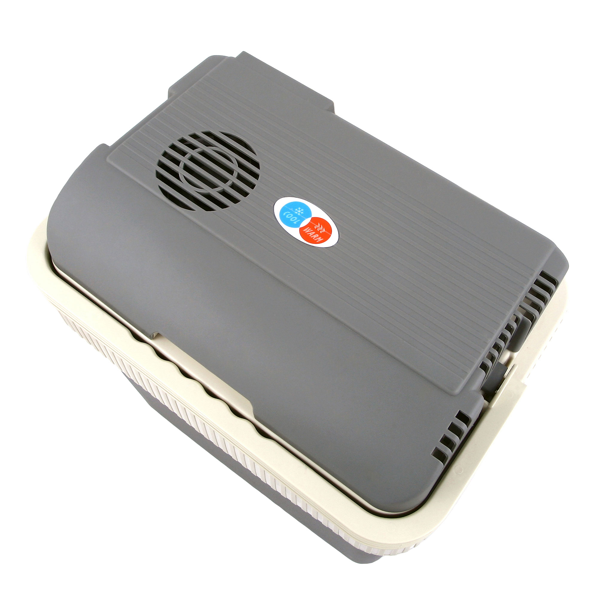 Szara i biała przenośna lodówka z wentylacją i naklejką z napisem 'COOL' i 'WARM'.