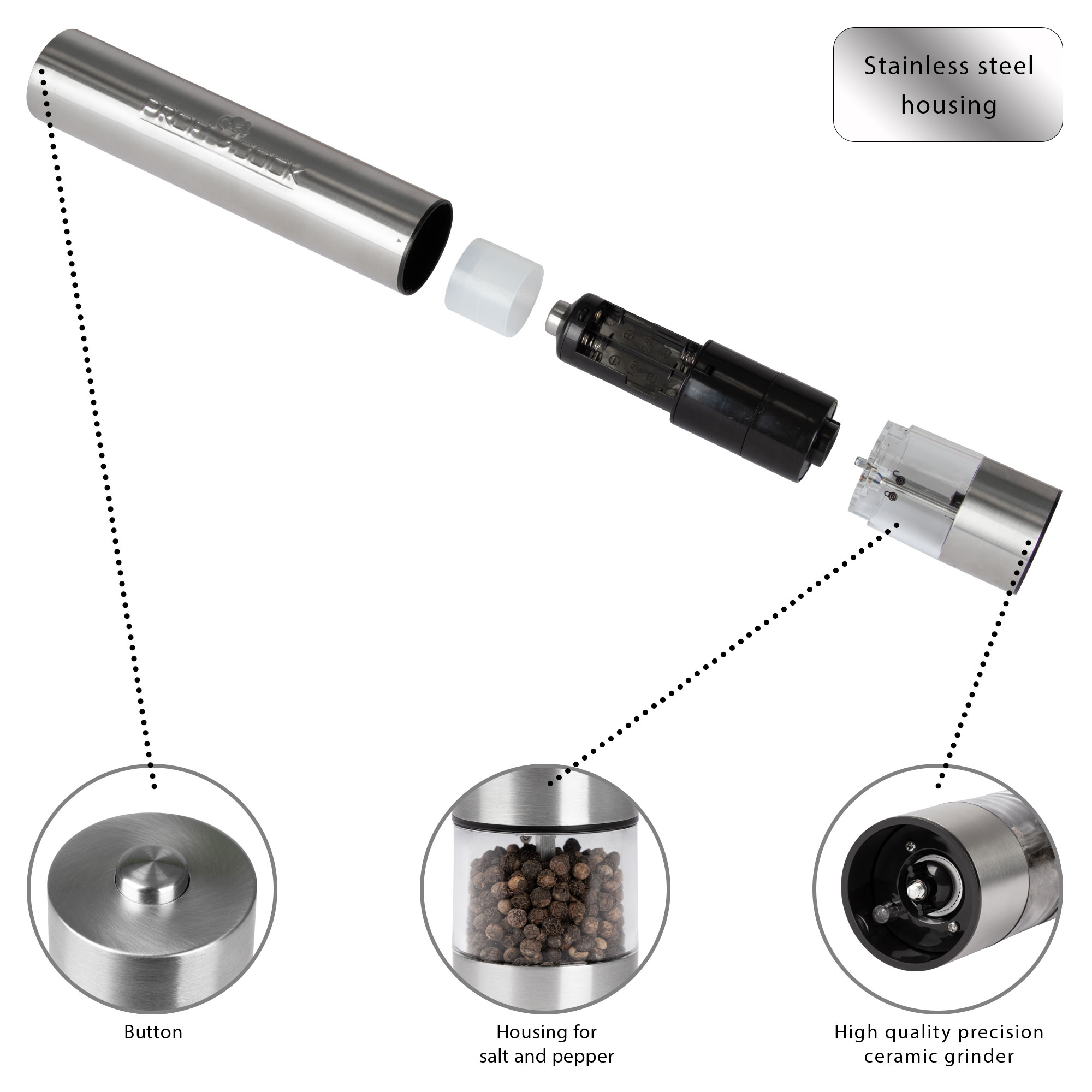 Młynek do pieprzu, widok rozłożony. Pokazuje części: przycisk, obudowa soli/pieprzu i młynek ceramiczny. Stal nierdzewna.