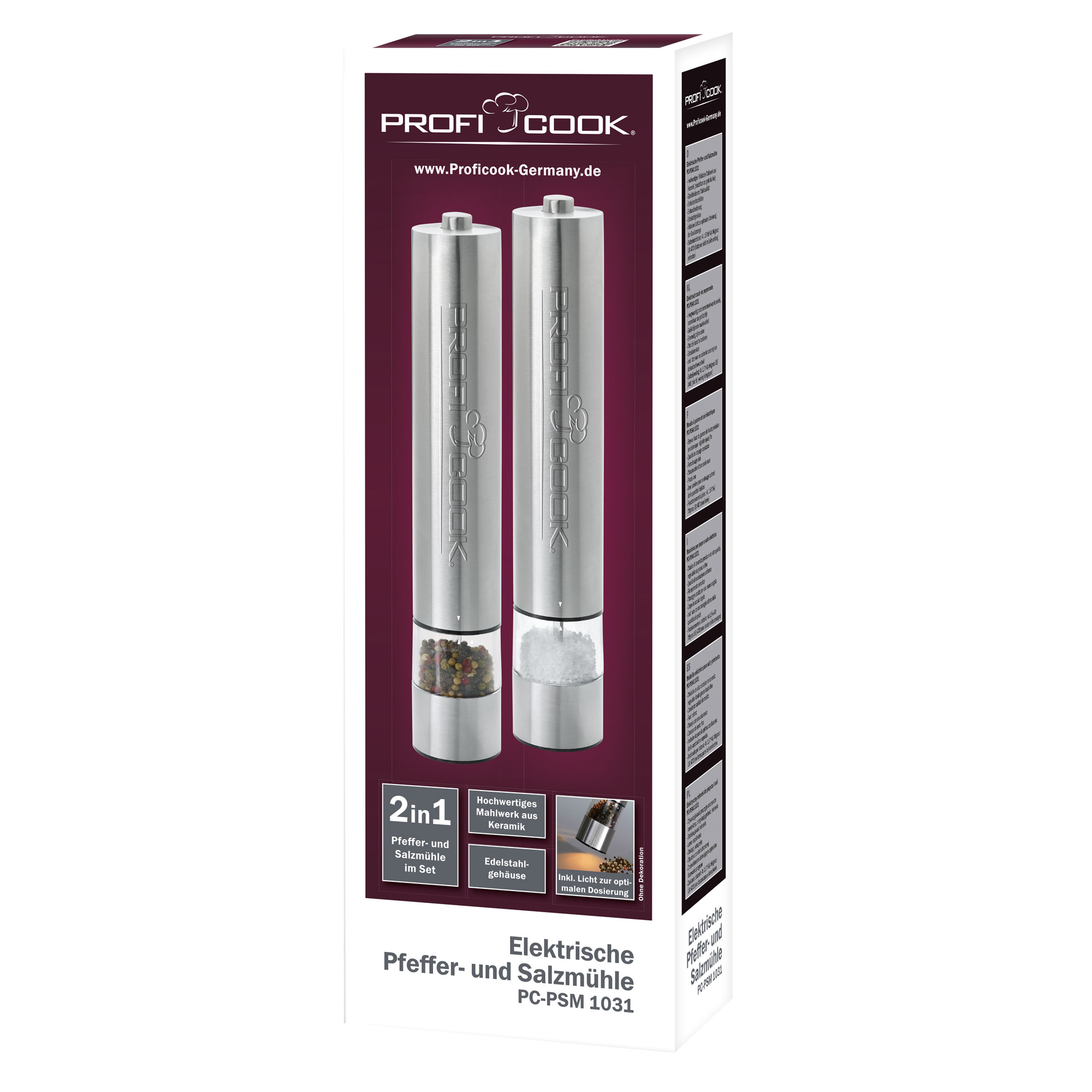 Pudełko z dwoma elektrycznymi młynkami do pieprzu i soli. Pudełko wyświetla informacje o produkcie i marce.