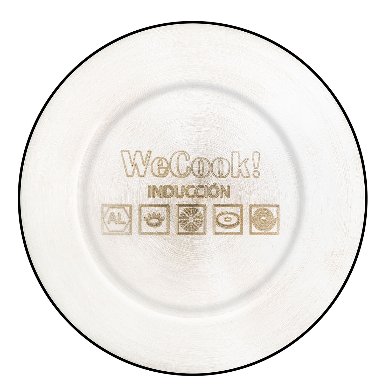 Il fondo di un piano cottura a induzione bianco. Contiene il testo 'WeCook! Inducción' e simboli.