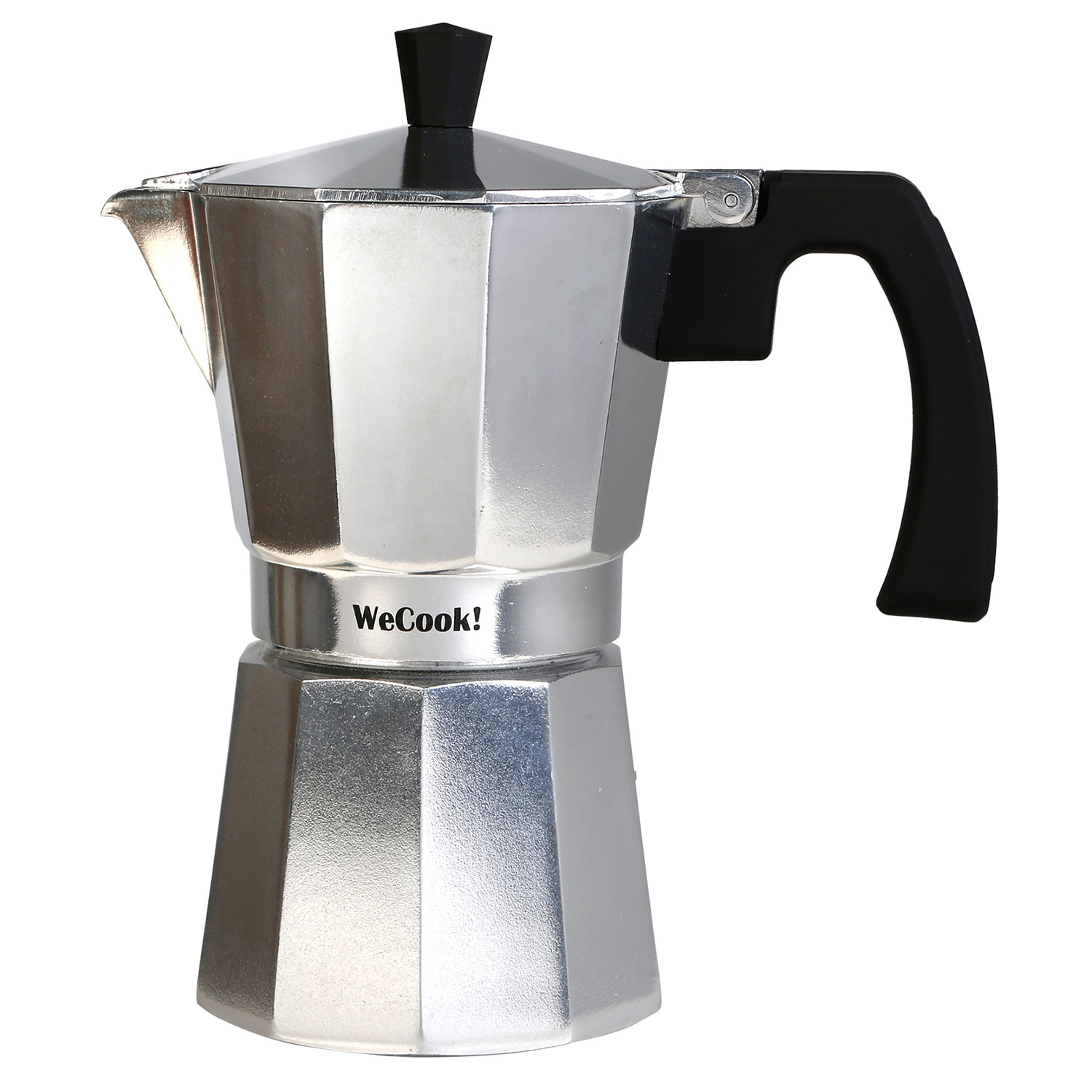 Caffettiera moka argentata con manico e coperchio neri. Il marchio è WeCook!