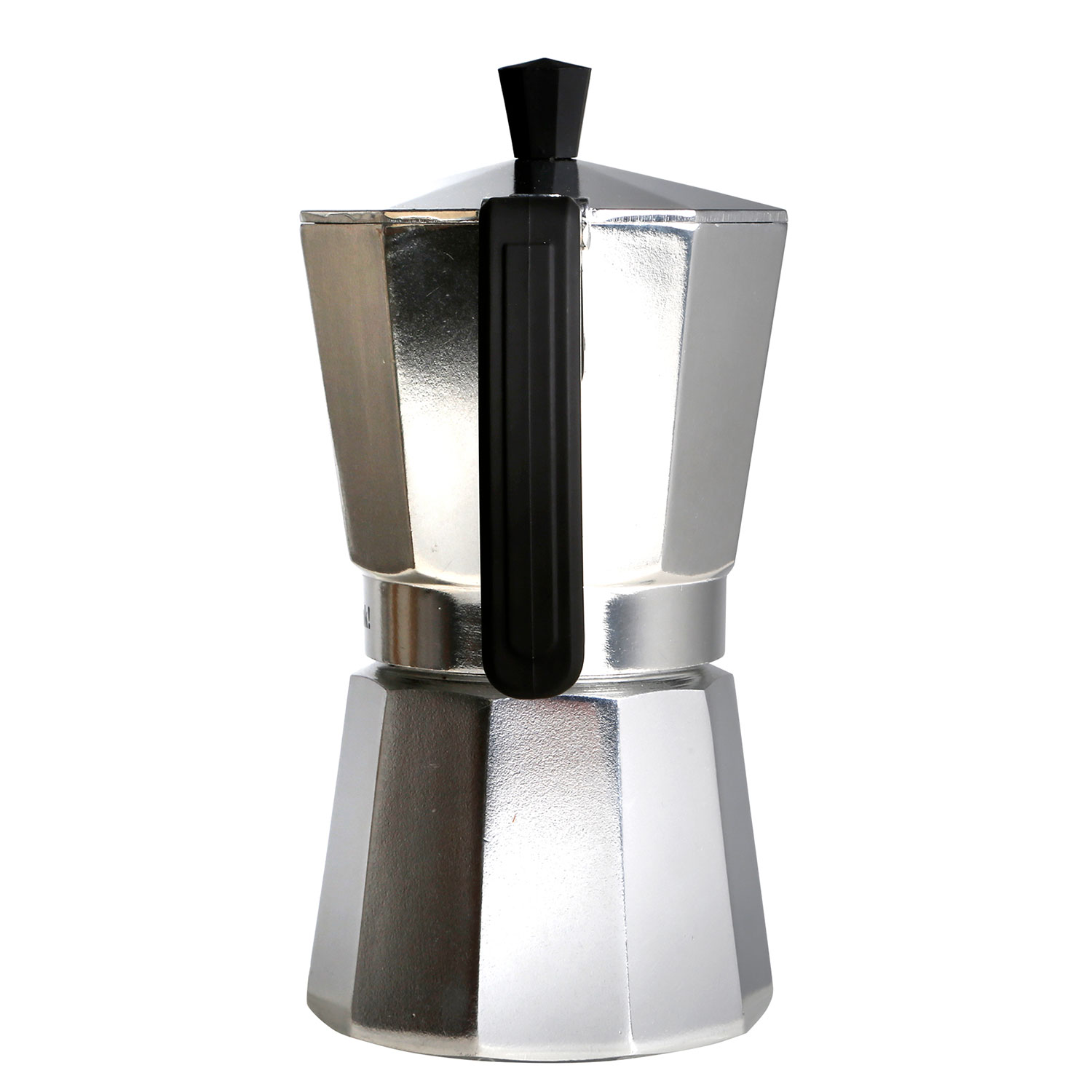 Macchinetta espresso argentata lucida, manico e coperchio neri.