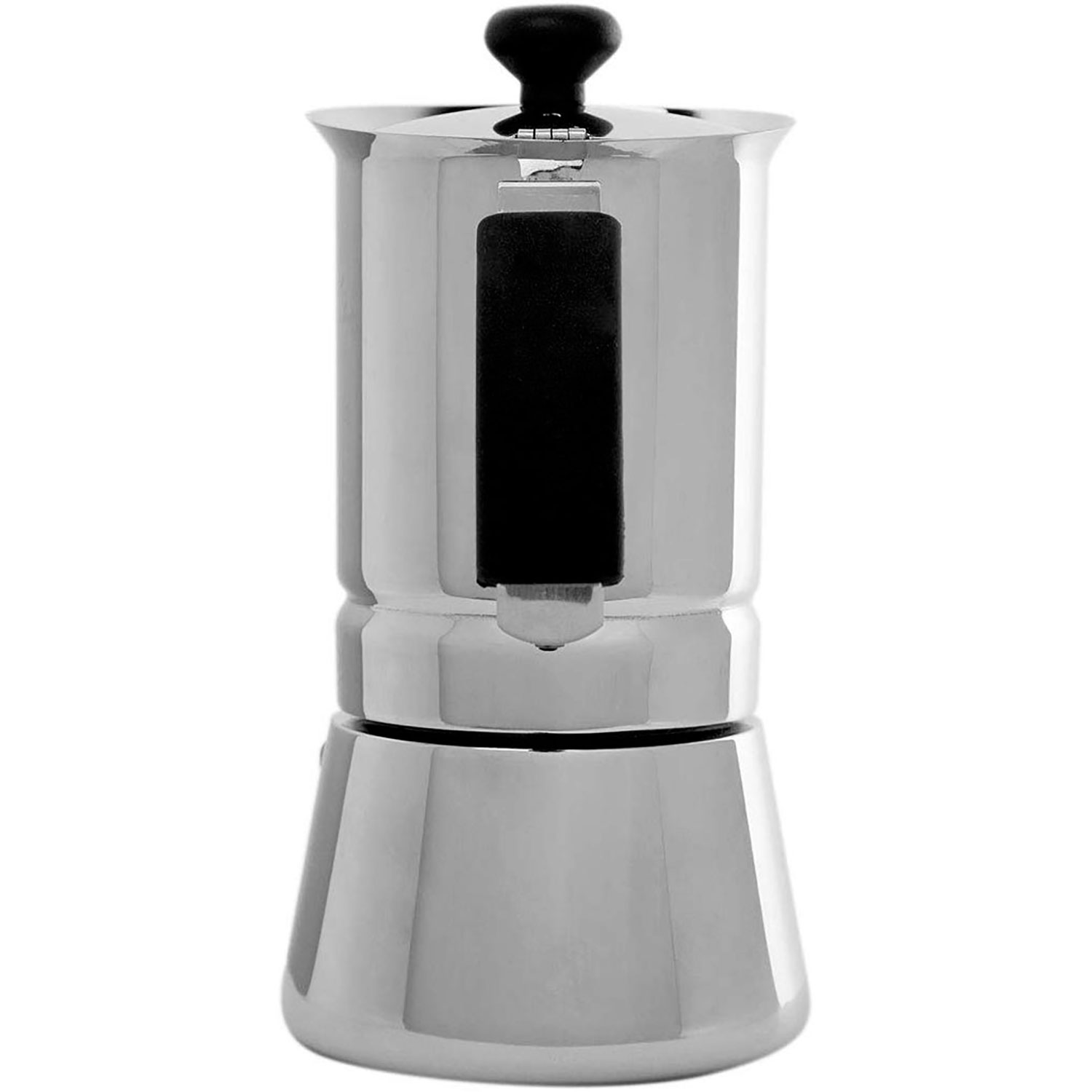 Cafetera de acero inoxidable brillante con asa y pomo negros.