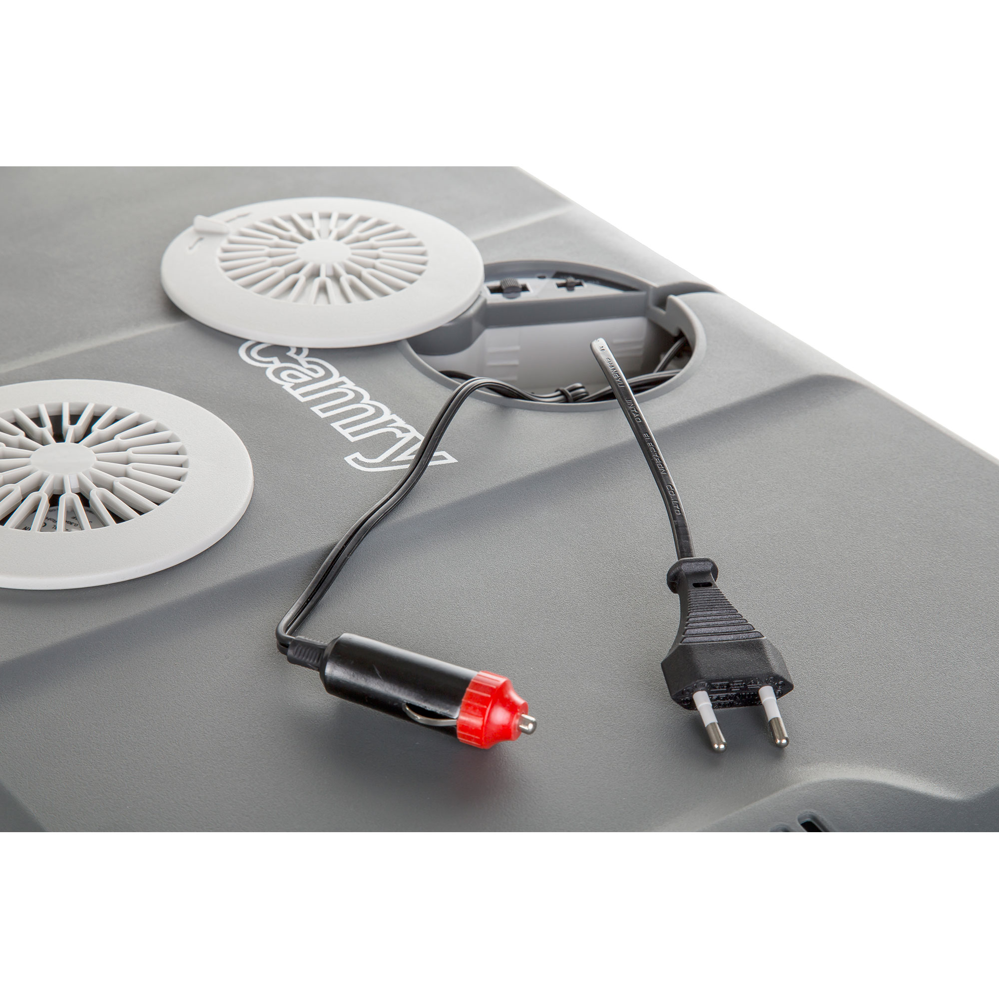 Szara chłodziarka z dwoma białymi otworami wentylacyjnymi i czarnym przewodem zasilającym.