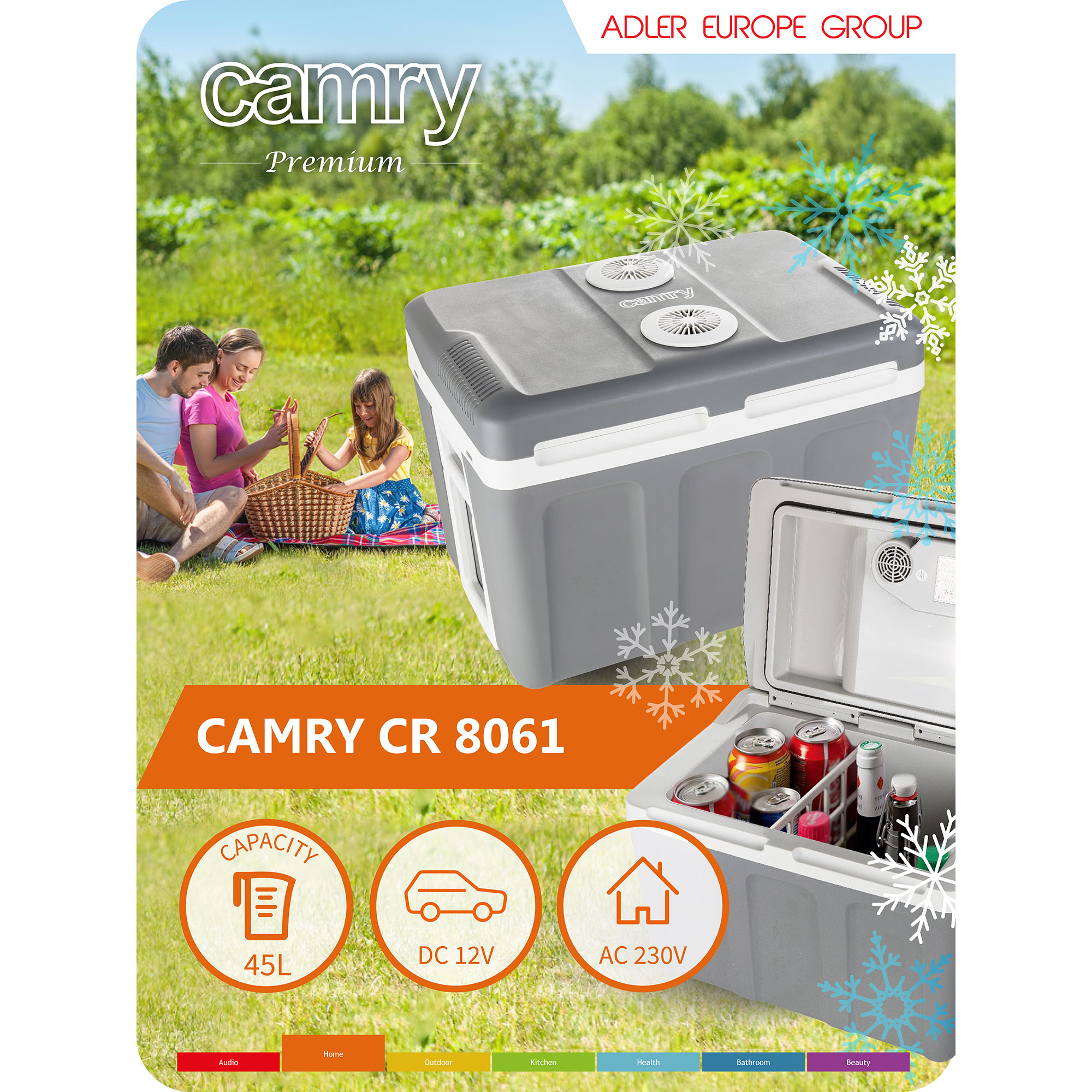 Przenośna chłodziarka Camry. Scena piknikowa z rodziną. Szara chłodziarka z otwartą pokrywą, widoczne napoje.