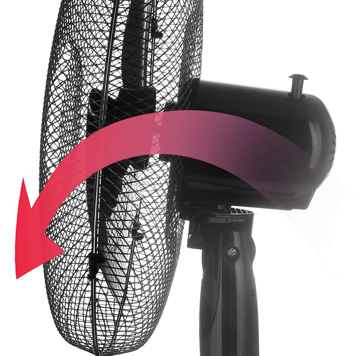 Ventilador negro con una flecha roja que indica la dirección del flujo de aire. Jaula negra y base negra.
