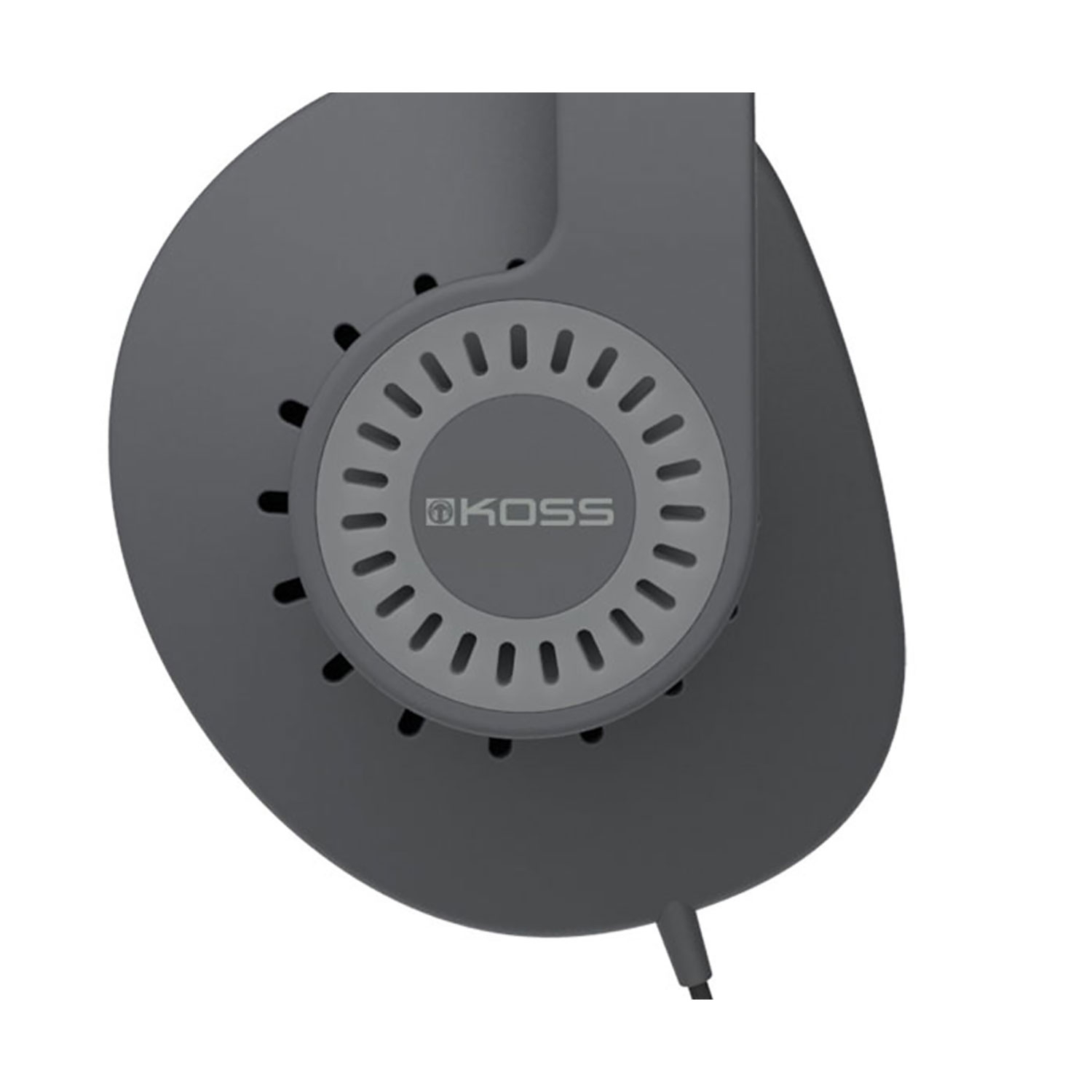 Grijze hoofdtelefoonluidspreker met het 'KOSS'-logo, een cirkelvormig ontwerp met gaten.
