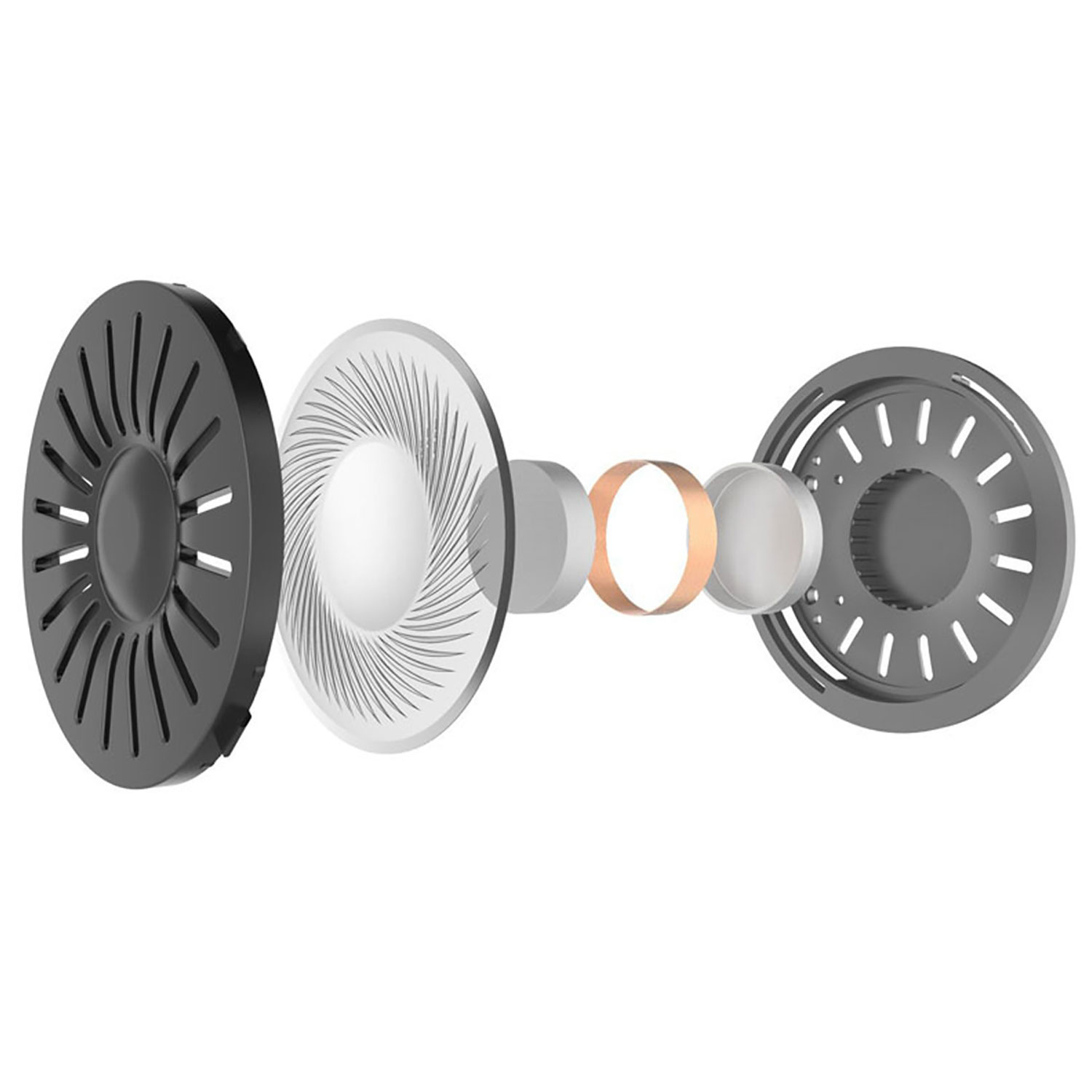 Exploded view van een koptelefoon met de interne componenten op een witte achtergrond.
