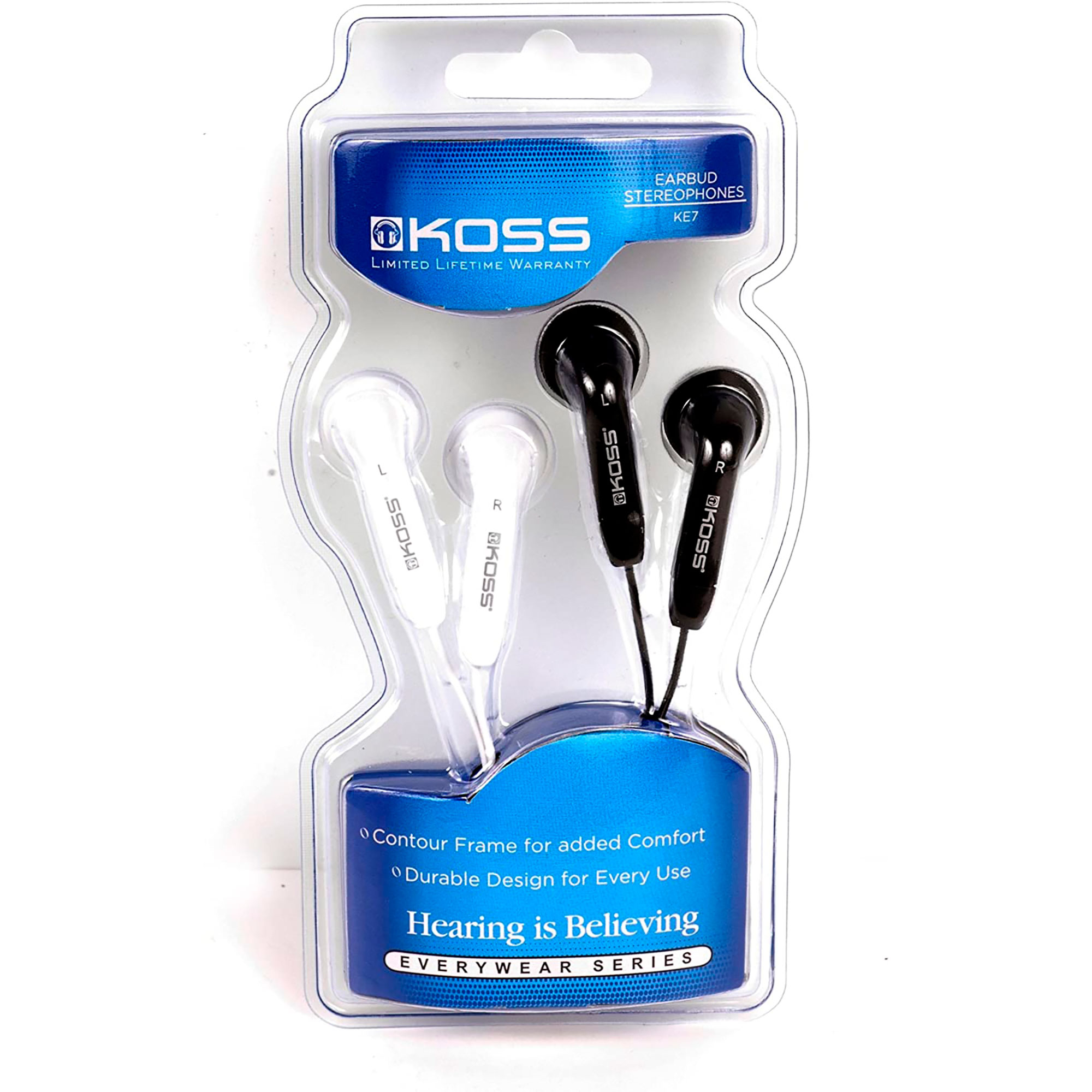 Auricolari in una confezione di plastica trasparente. La confezione ha un'etichetta blu e testo.