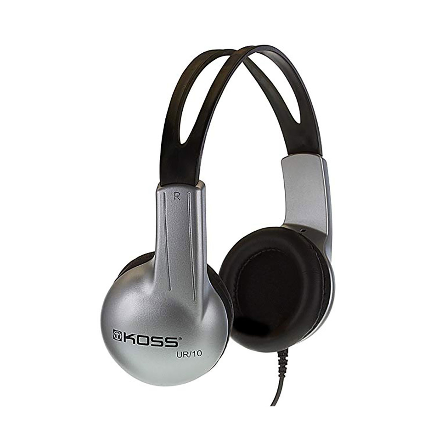 Cuffie Koss UR/10 argentate, padiglioni neri, su sfondo bianco, con un cavo.