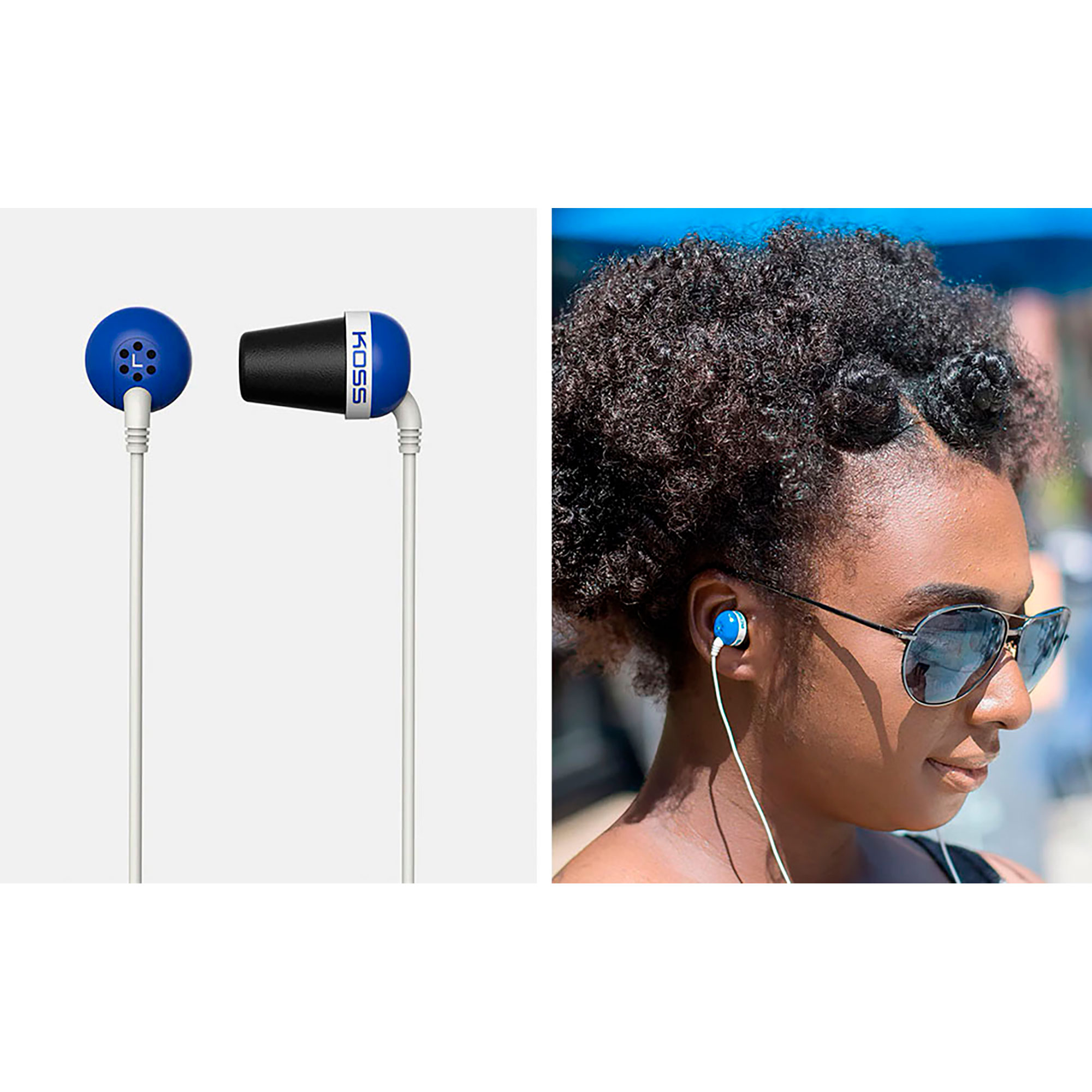 Auriculares con detalles azules y blancos, uno en la oreja de una mujer con gafas de sol.