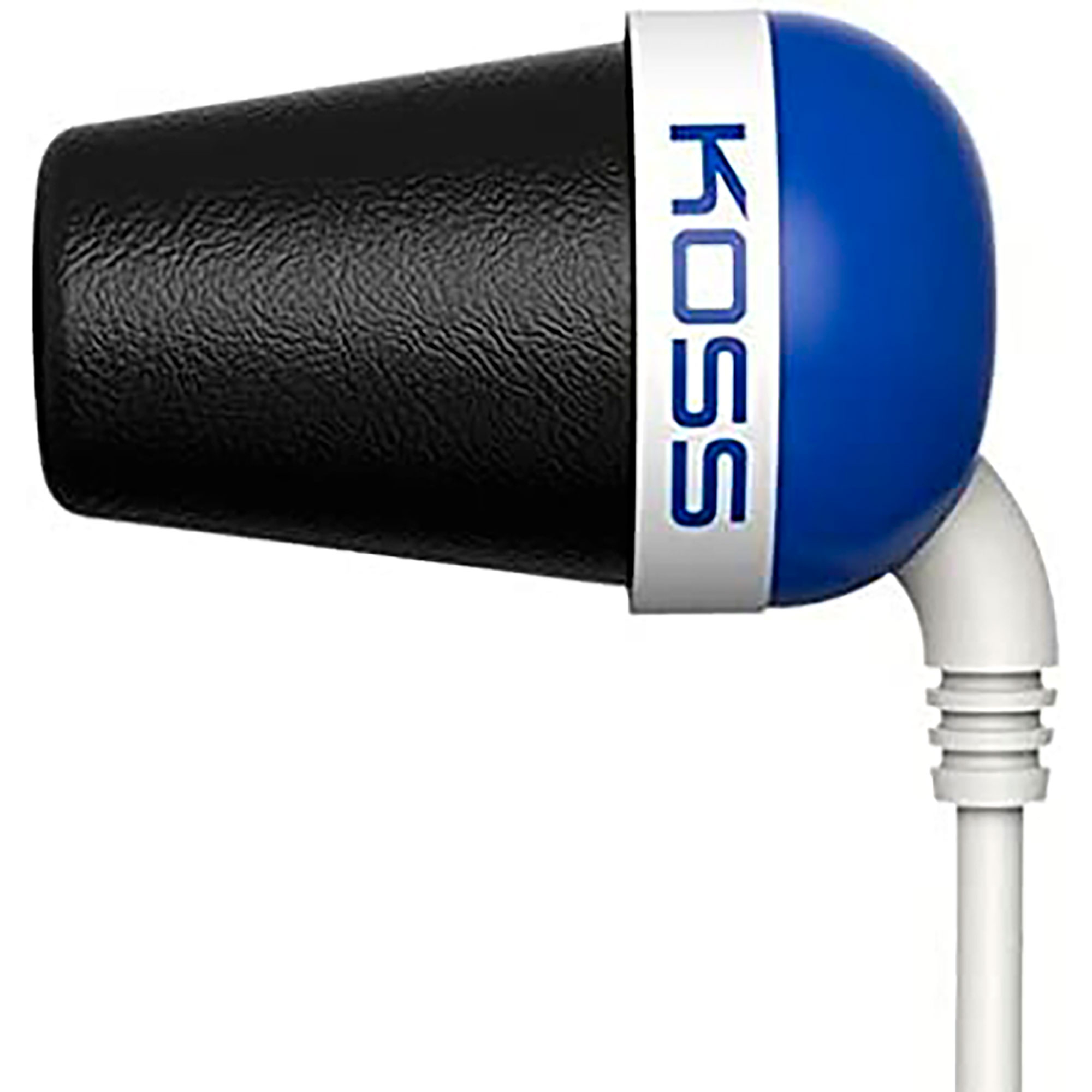 Auricular Koss, negro y azul, con banda blanca y cable blanco. La marca Koss está en el auricular.