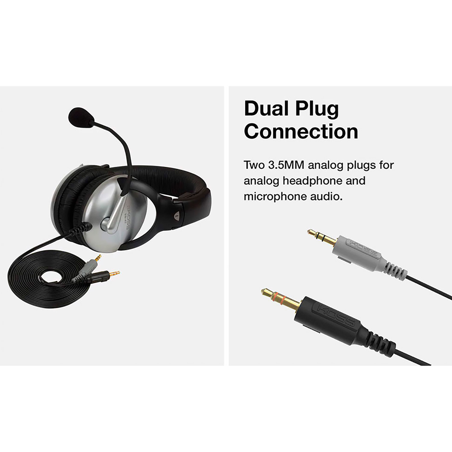 Auriculares con micrófono y dos enchufes de 3,5 mm con el texto 'Dual Plug Connection'.