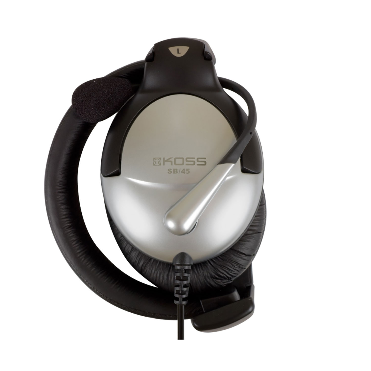Auriculares Koss SB/45 con micrófono. Diseño plateado y negro con cable negro. Fondo blanco.