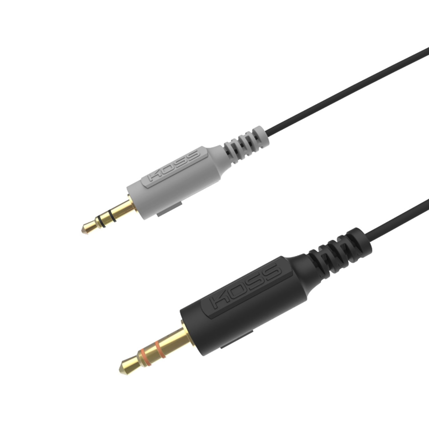 Dos cables de audio Koss con conectores de 3,5 mm. Uno gris, otro negro.