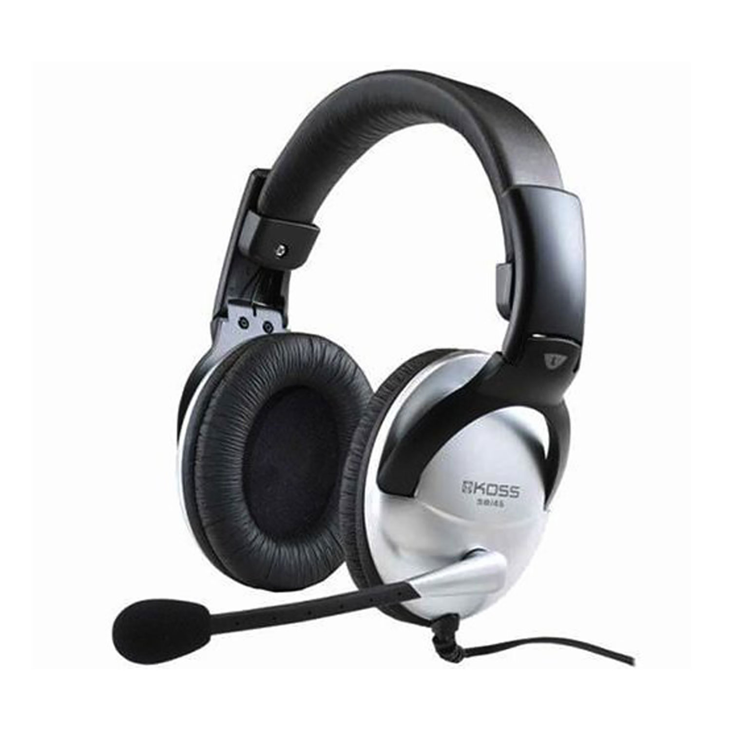 Auriculares circumaurales con micrófono, plateados y negros.
