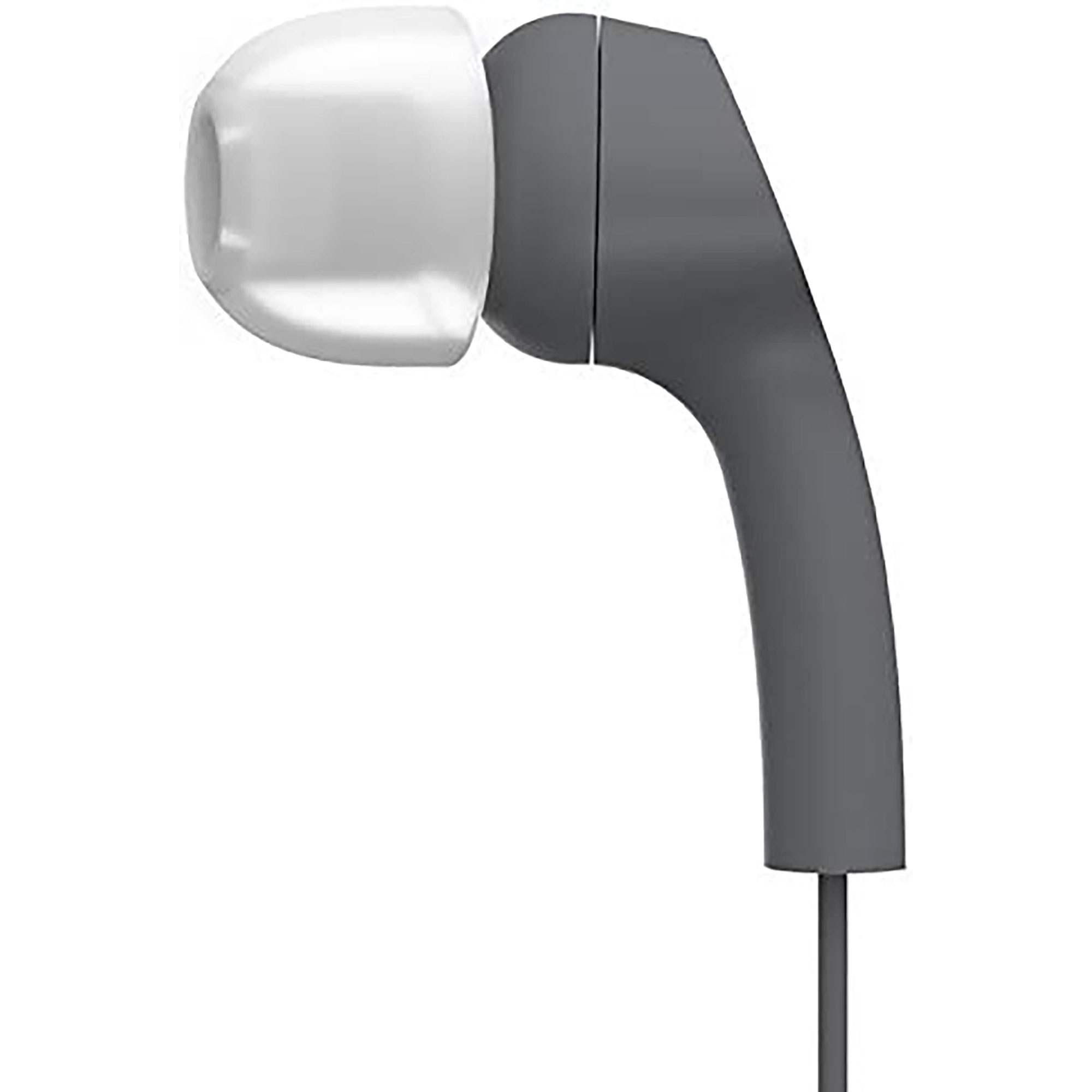 Primer plano de un auricular gris con punta blanca. El auricular está conectado a un cable.